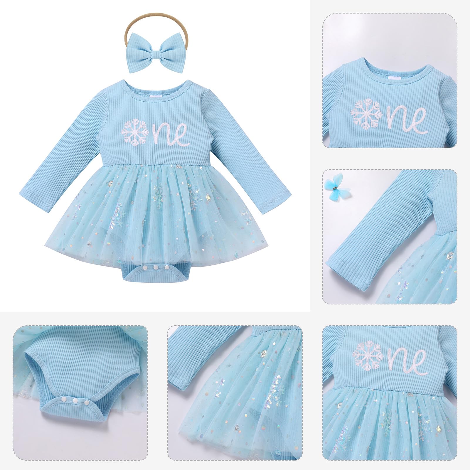 Odizli Baby Mädchen 1. Geburtstag Outfit Langarm Gerippt Strampler Pailletten Tüll Kleid + Stirnband Bekleidungssets