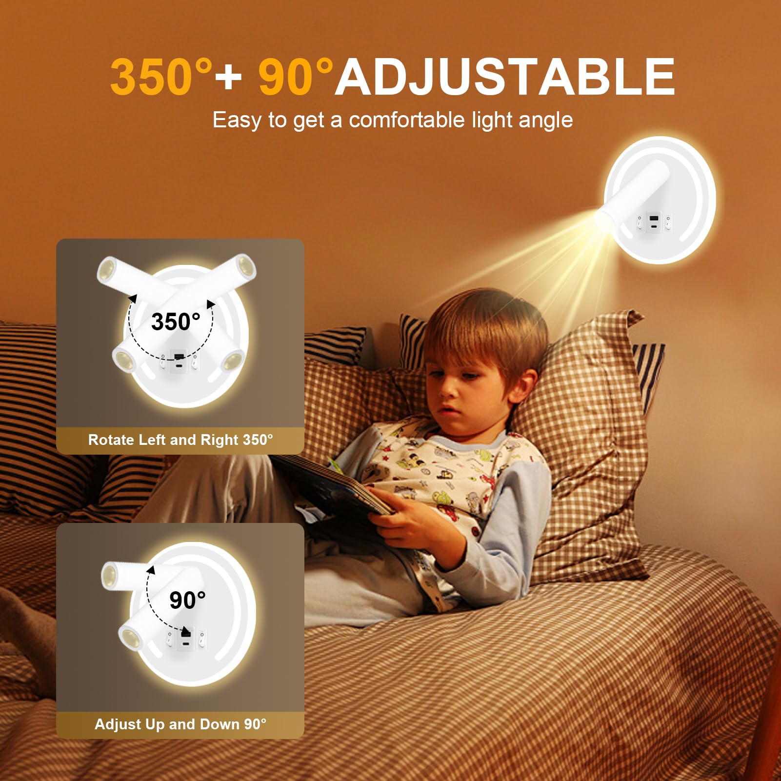 HUIZHOU Reading Wall Mounted 3W+9W LED Reading Lamp,USB Charging Port,3000K Rotating Bedside Lamp Suitable for Bedroom Stairs - Image 4