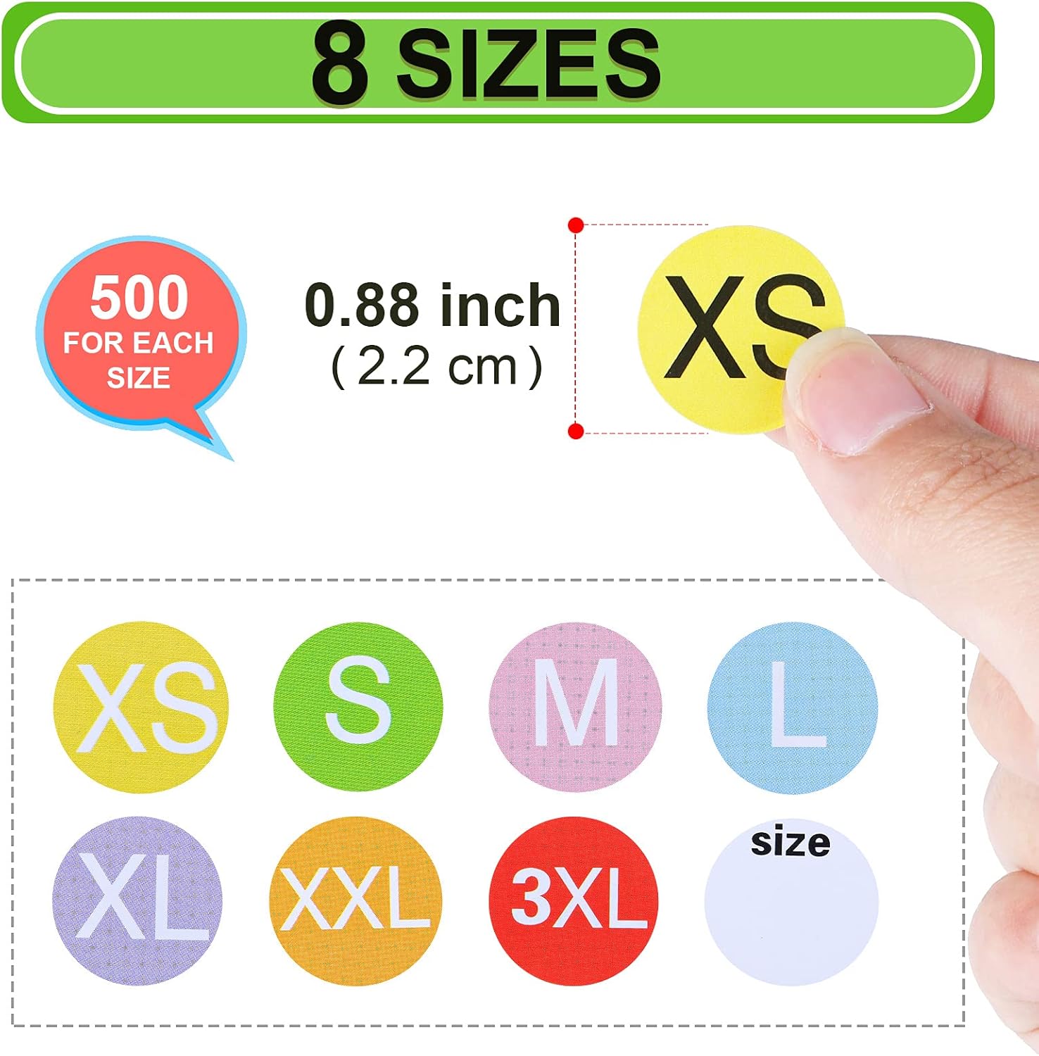Elcoho 4000 Pieces Clothing Size Sticker Labels Round Color Stickers with Black Text 8 Rolls 7 Sizes and One Roll Blank Size Stickers thumbnail