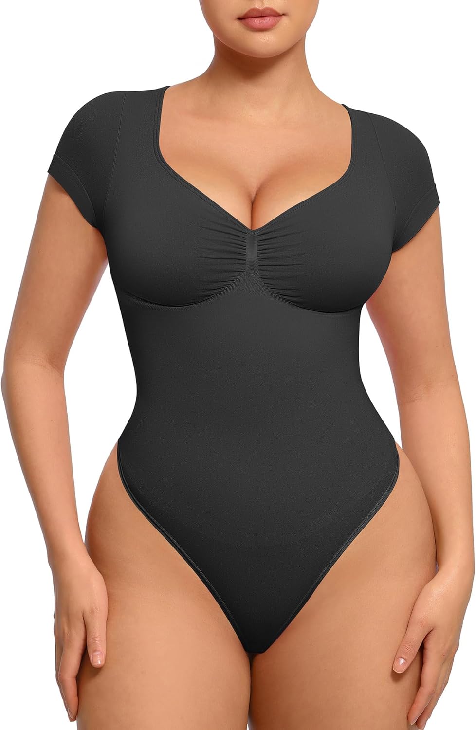 FeelinGirl Short Sleeve Bodysuit for Women V Neck Tummy Control Shapewear Seamless Thong Body Suits Tops Black X-Small