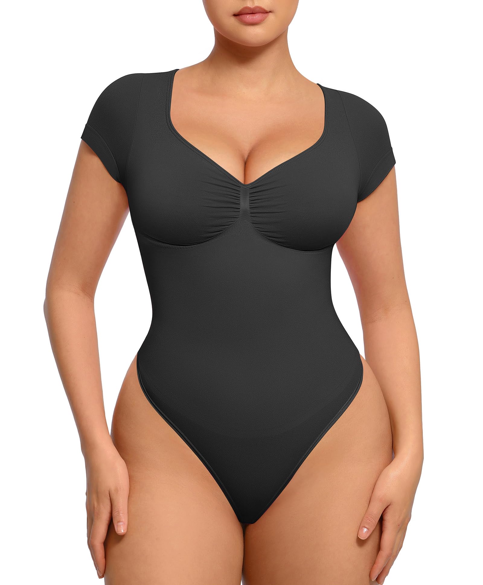 FeelinGirl Short Sleeve Bodysuit for Women V Neck Tummy Control Shapewear Seamless Thong Body Suits Tops