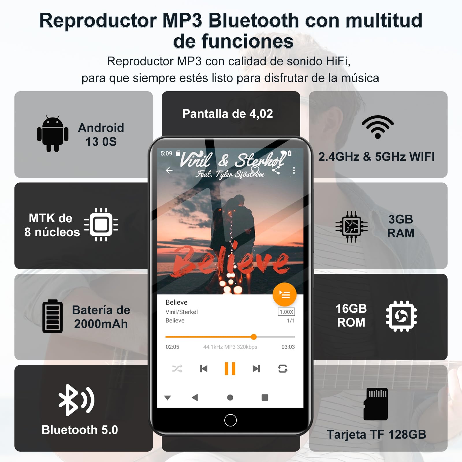 Spotify - Reproductor MP3 de 144 GB con WiFi y Bluetooth, Reproductor MP4 Android para niños, Pantalla táctil de 4,02 Pulgadas con Audible, Amazon Music y Play Store