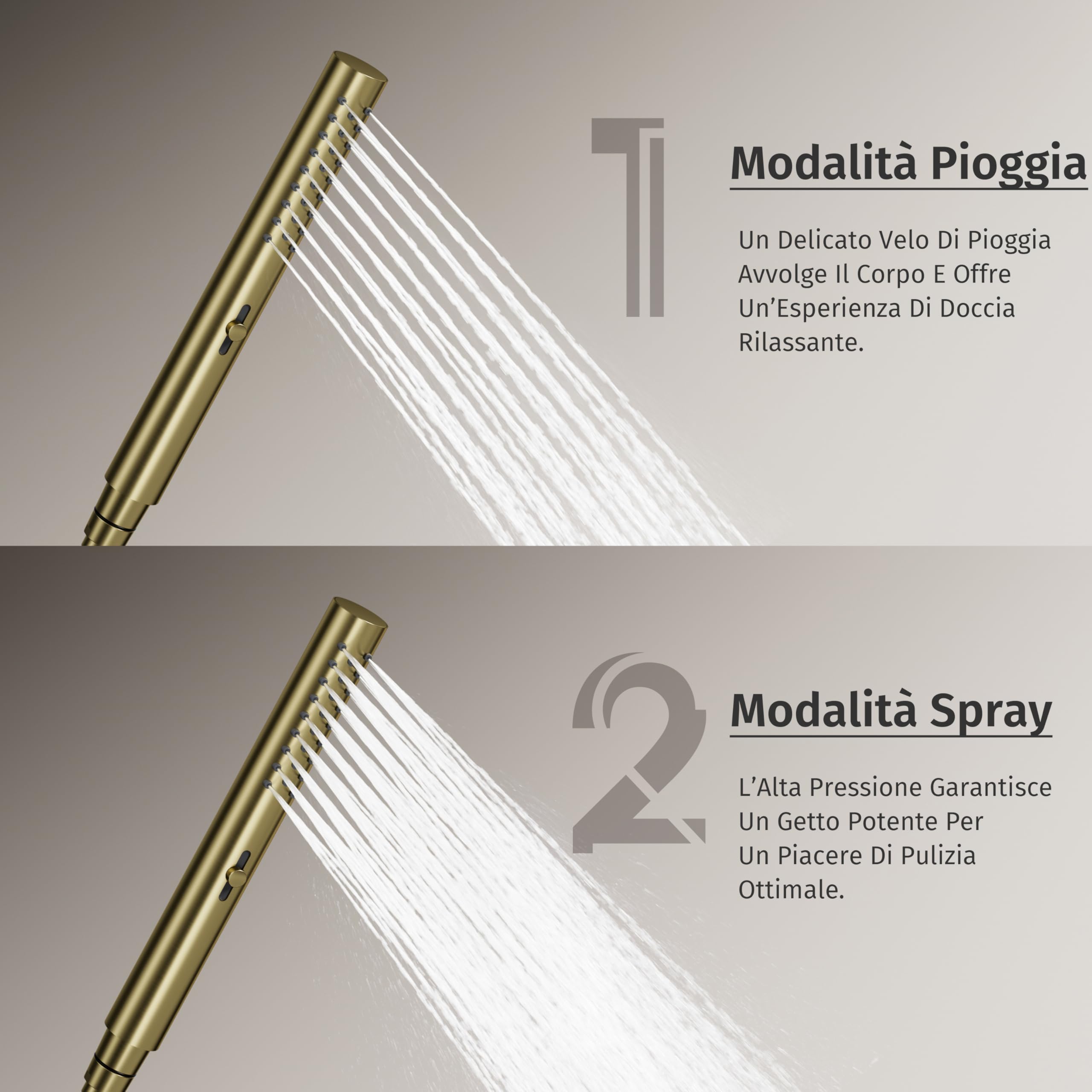 Soffione doccia,Con 2 modalità d'acqua (modalità pioggia e modalità flusso forte),Interfaccia comune,Rotondo Soffione doccia alta pressione,Oro spazzolato,Doccia manuale + flessibile + supporto