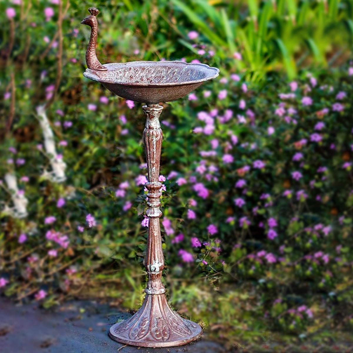 TentHome - Comedero y Bebedero para Pájaros en Forma de Pavo Real, Hierro Fundido, para Baño de Pájaros, Jardín Exterior, Marrón Envejecido