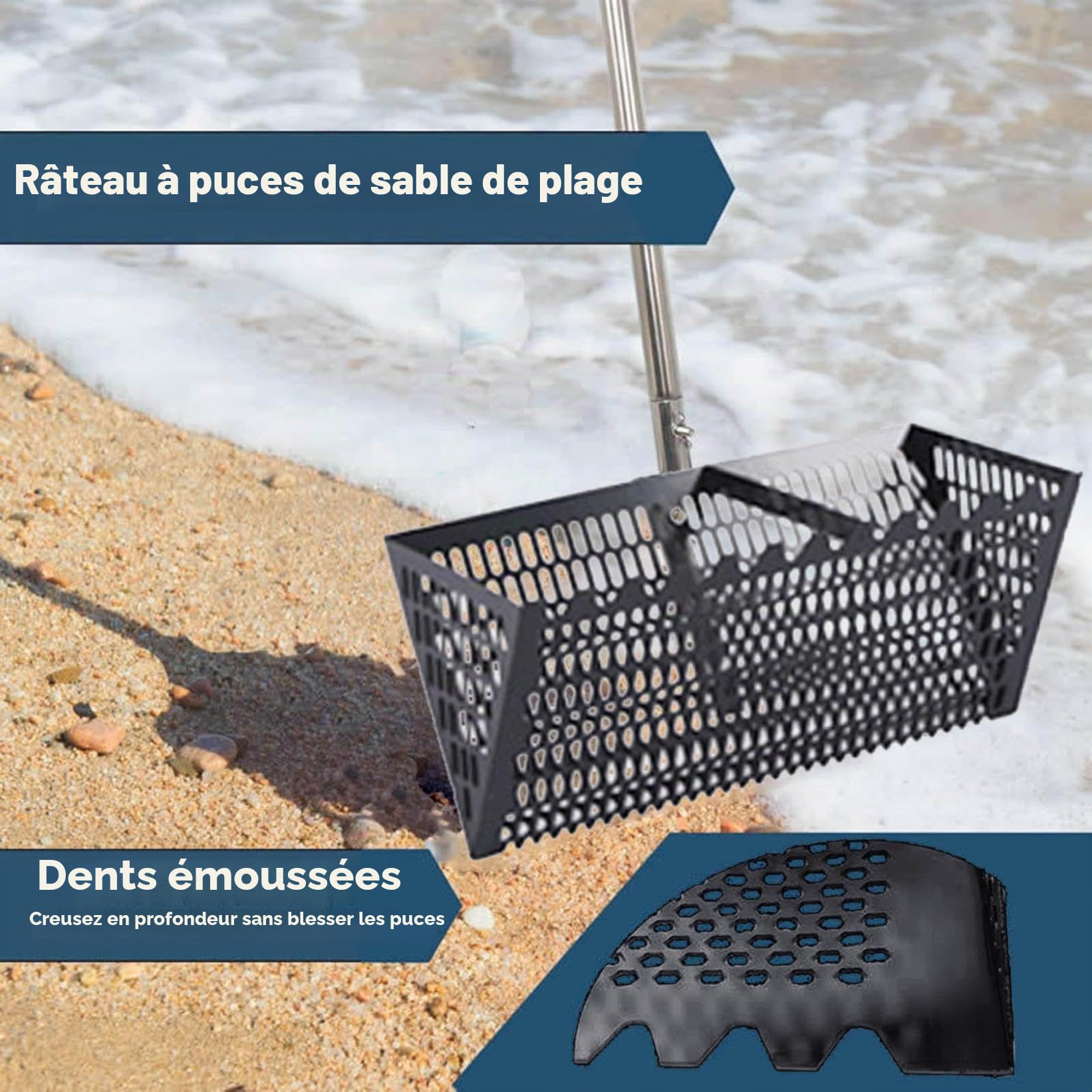 Râteau anti-puces de 40 cm en acier inoxydable avec large panier trapézoïdal, large manche amovible pour peigner la plage, tamiser le sable et chasse au trésor (F)