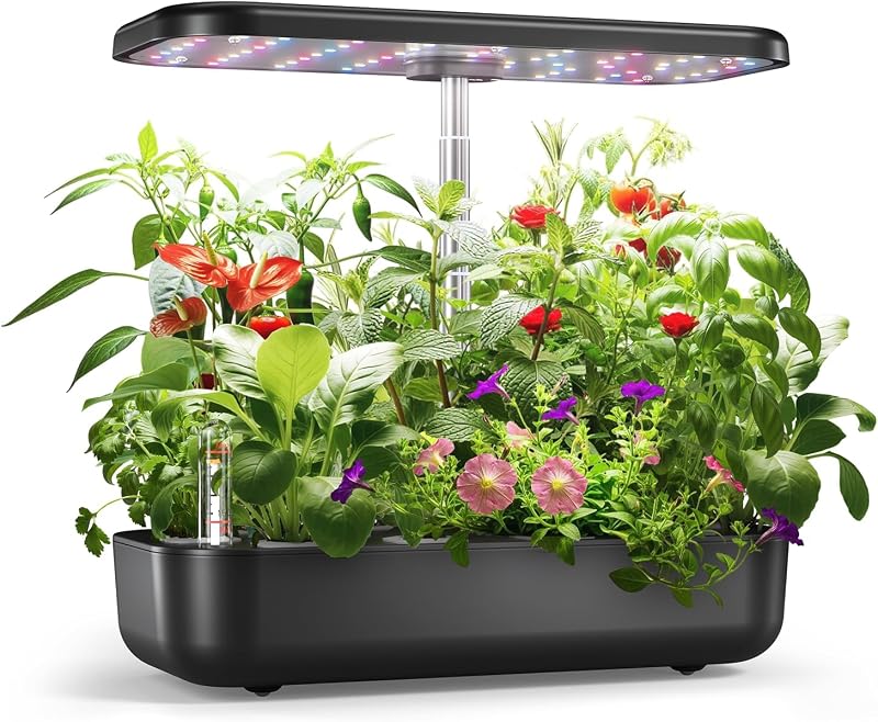 owltron Kit de sistema de cultivo hidropónico, 12 cápsulas para jardín de hierbas interior con luz LED de 24 W de espectro completo, altura de plantación de hasta 20 pulgadas, bomba de agua silenciosa, jardinería interior para regalos, cocina, negro