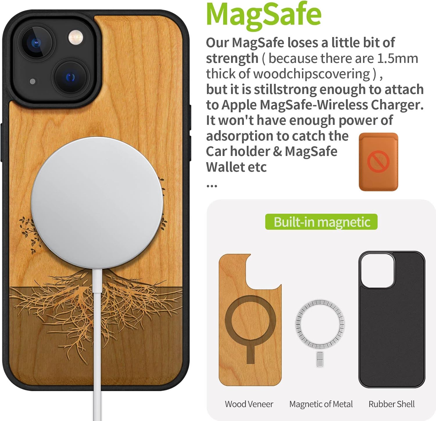 Carveit Magnetic Wood Case for iPhone 14 Case [Natural Wood & Black Soft TPU] Unique & Classy Wooden Shockproof Protective Cover Compatible with magsafe (Tree with Roots -Cherry)