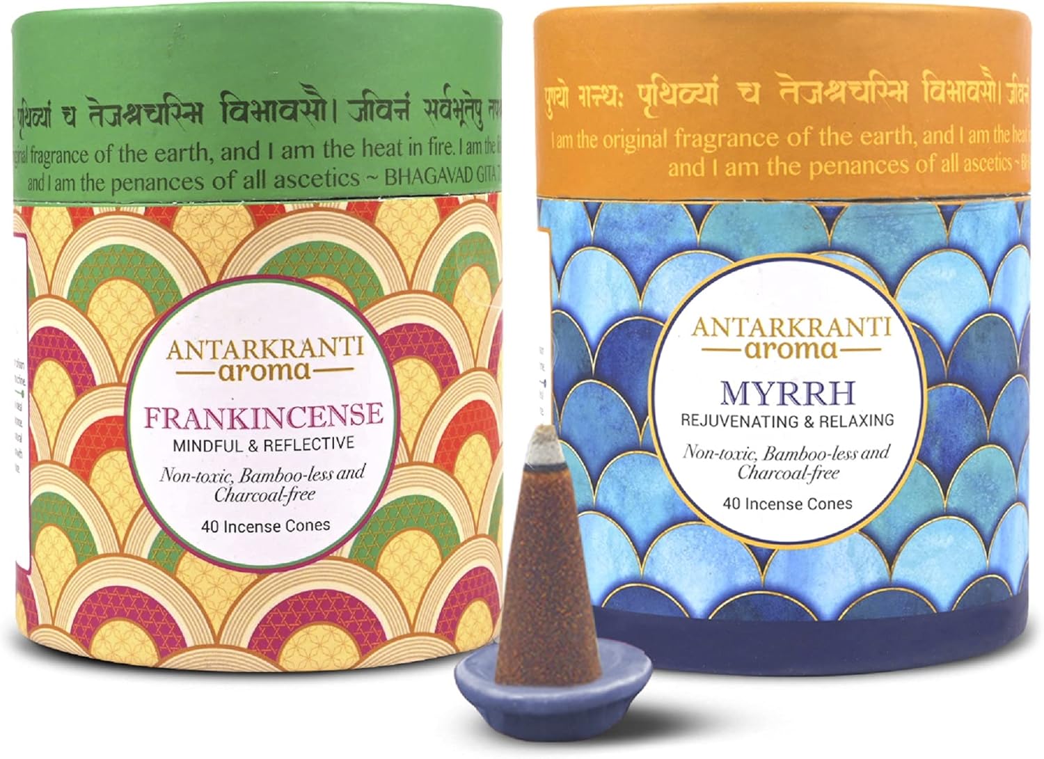 Antarkranti FRANKINCENSE and MYRRH Incense Cones with Holder Relaxing