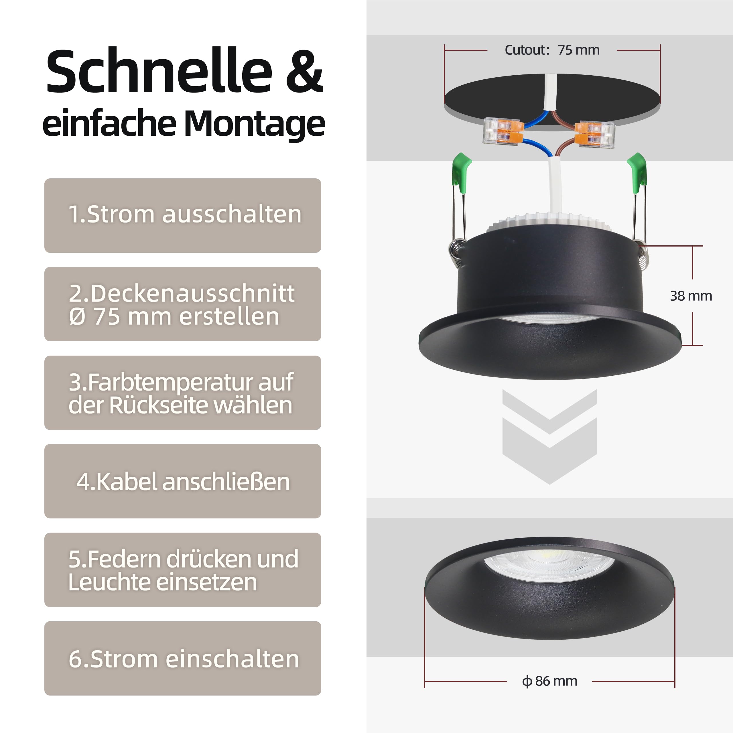 6er LED Einbaustrahler 230V Dimmbar 5W 3CCT IP44 Deckenspots | LED Spots Einbauleuchten 550lm CRI90+ Warmweiß Neutralweiß Kaltweiß für Küche Wohnzimmer Flur ohne Trafo Ø75mm
