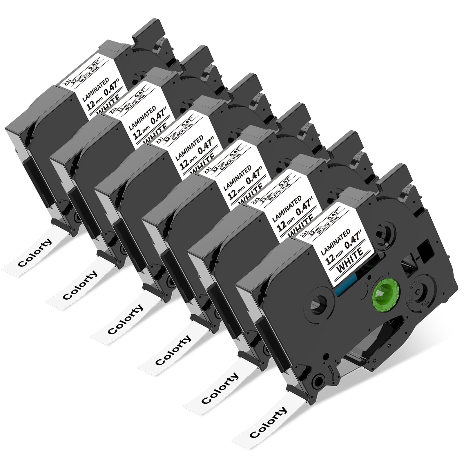 COLORTYTZ 12mm 0.47 PT-D210 White Tape Replacement for Brother P-Touch Label Maker Tape TZe-231 Black on White Laminated Ribbon, Compatible with Ptouch PT-D200 D210 D220 PT-H100 H110 D400 Cube, 6 Pack