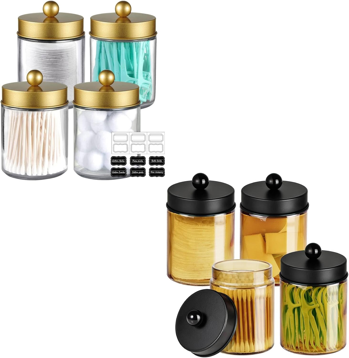 Amolliar Bronze Apothecary Glass Jar With Metal Lid & Stickers, Bathroom Qtip Dispenser Storage Canister, Cotton Balls Swabs, Round Pads, Floss, Black 4 Pack with Glass Qtip Holder Gold 4 Pack