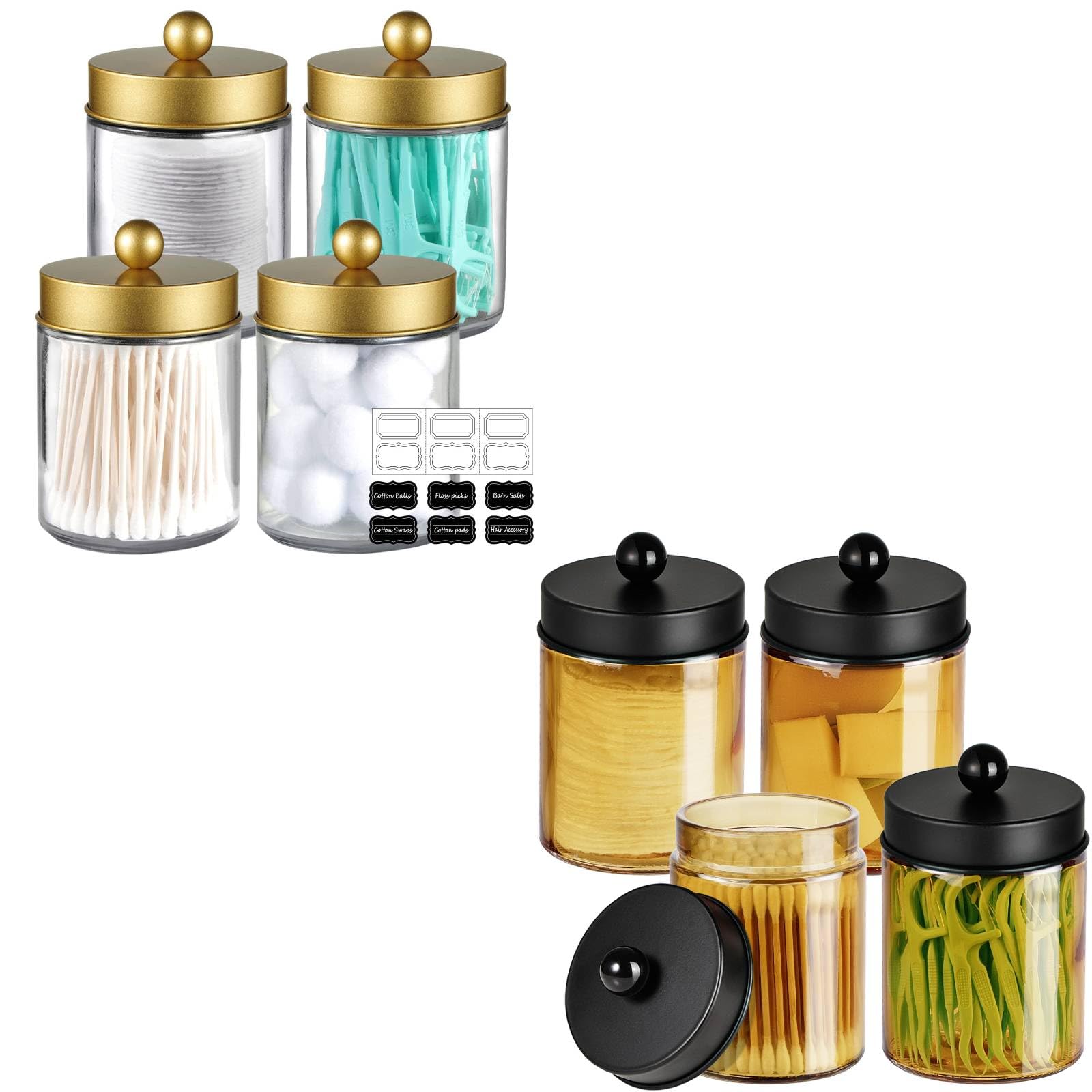 Amolliar Bronze Apothecary Glass Jar With Metal Lid Stickers Bathroom Qtip Dispenser Storage Canister Cotton Balls Swabs Round