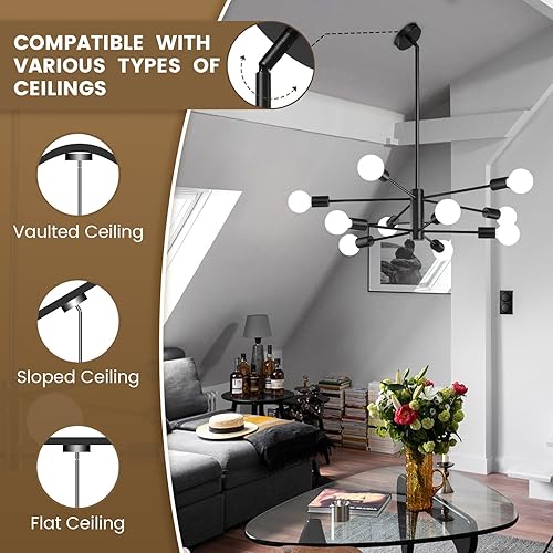 Miniatura 6 de KAISITE Lámpara de techo moderna Sputnik, lámpara de araña negra de 10 luces para comedor, sobre la mesa, altura ajustable, lámpara colgante de