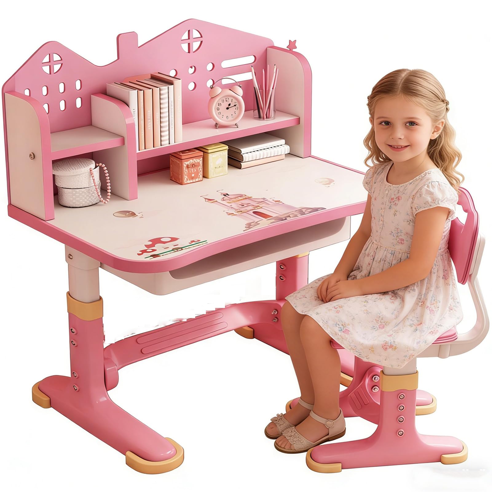 Scrivania Bambini, Sedia Scrivania Bambina, Scrivania per Bambini Con Cassetto, Scrivania Bambino Altezza Regolabile (Rosa-a)