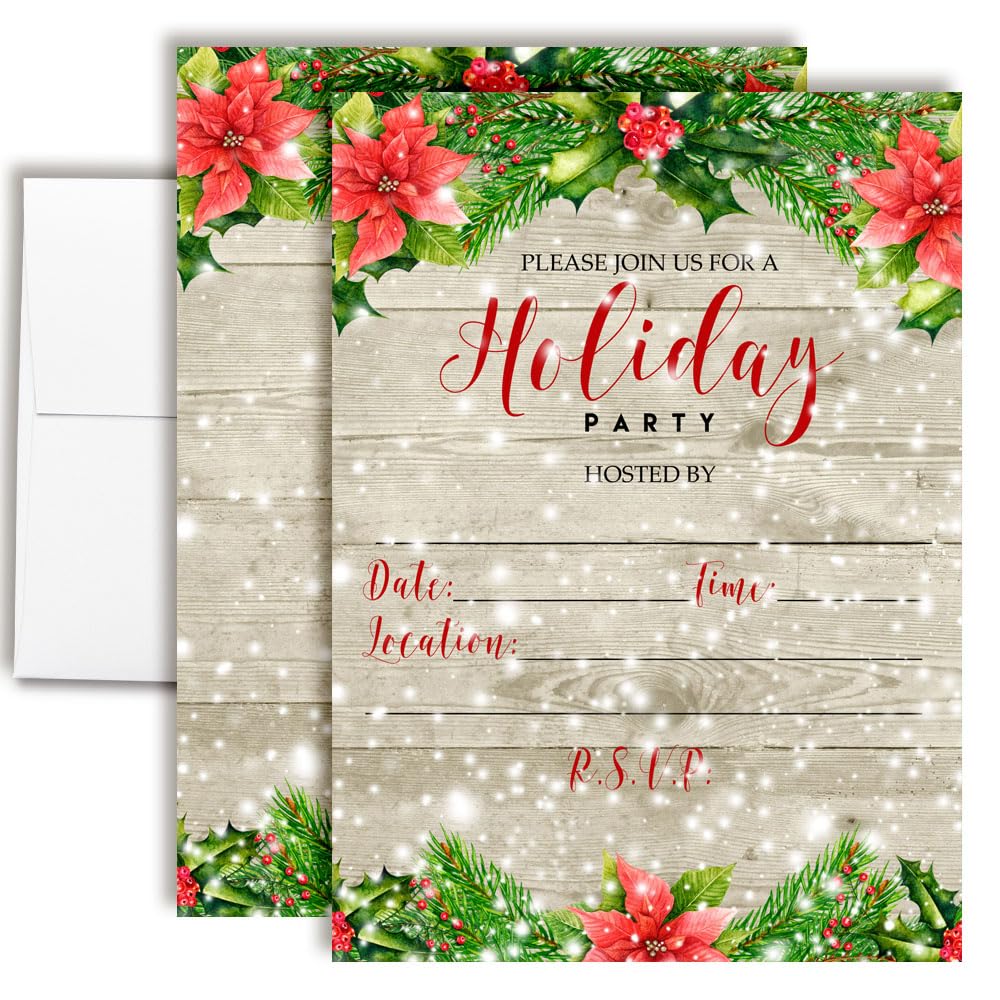 Amanda Creation Holiday Party Invitations with Envelopes – Winter Snow With Red Poinsettias, 4 Pack 5x7 Double Sided Fill-In Invite Cards with Four