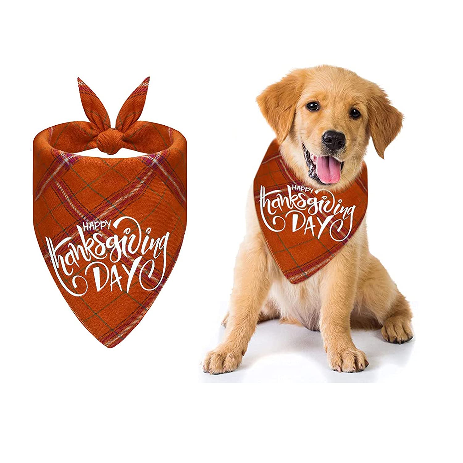 Thanksgiving Dog Bandana Fall Plaid Bandanas Washable Cotton Plaid Dog Scarf Triangle Kerchief Dog Bibs (1pcs, Orange2#)