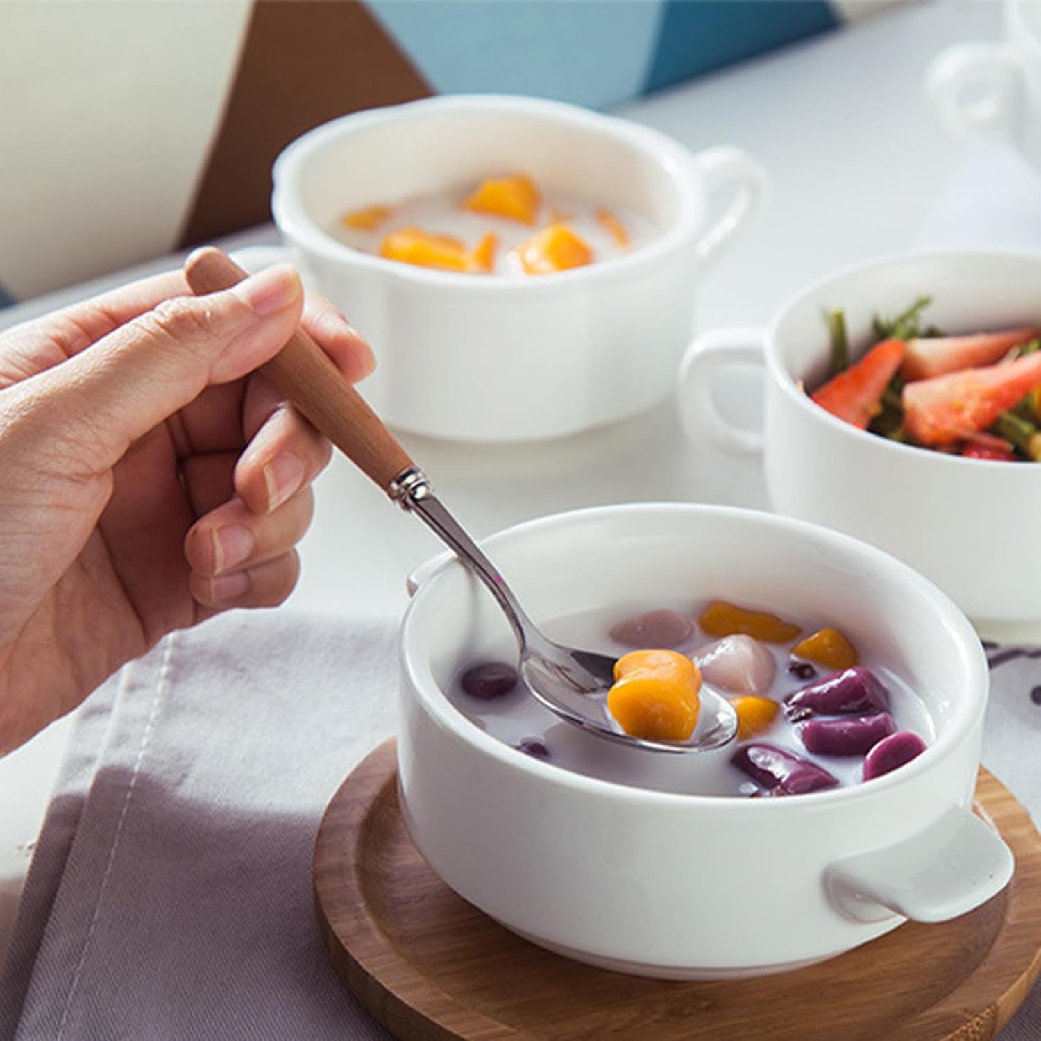 VALICLUD White Ceramic Double Handle Soup Bowl for Kitchen and Camping, Sturdy and Easy to Carry Multi-function Dessert and Fruit Salad Bowl, Adorable and Delicate Design