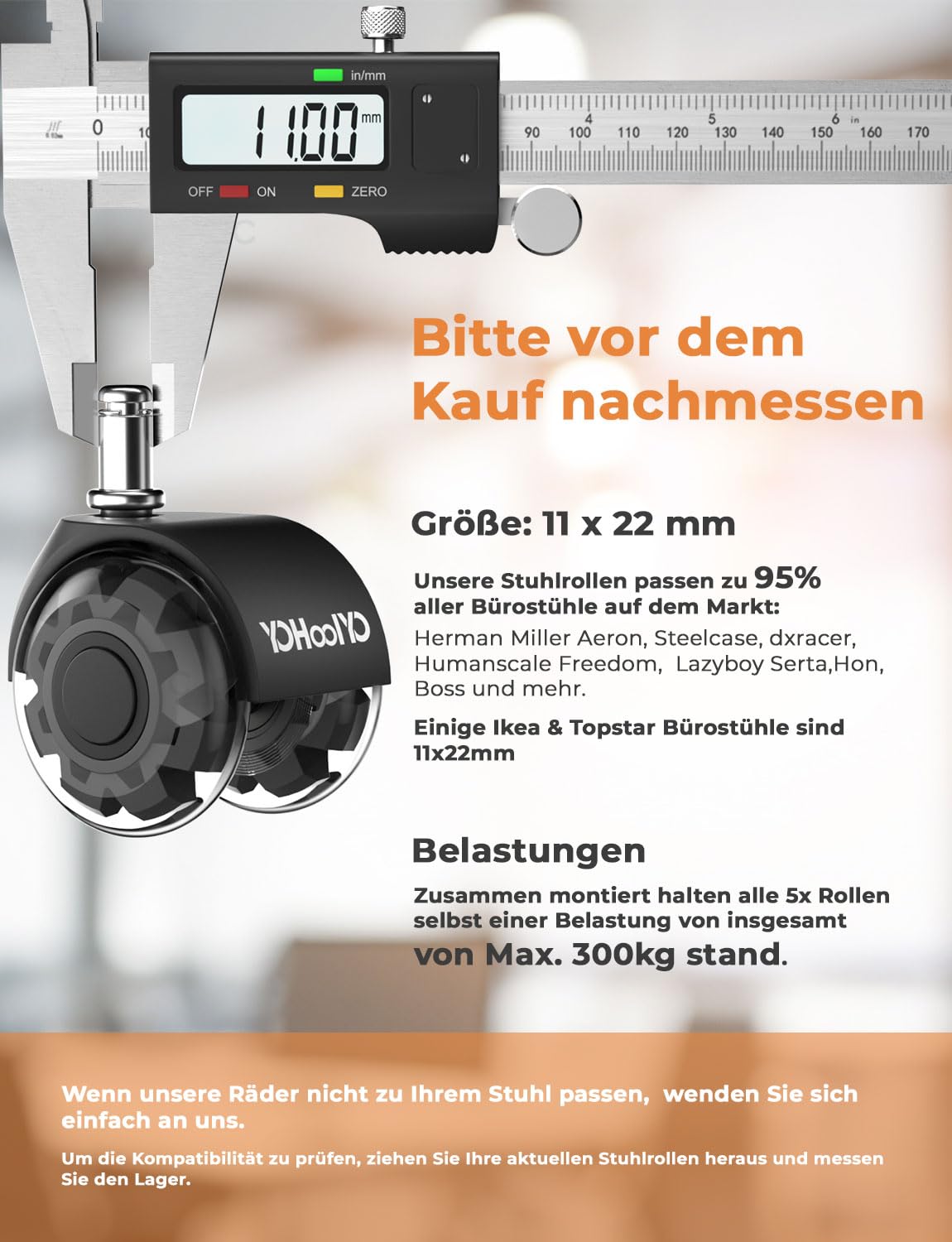 YOHOOLYO 5 Sztuk Kółek Biurowych 11x22 mm - Cicha Jazda 360°, Wytrzymałość 60 kg na Koło, Uniwersalne do Twardych Podłóg, Szybki Montaż bez Narzędzi, Bez Ryzyka Zarysowań