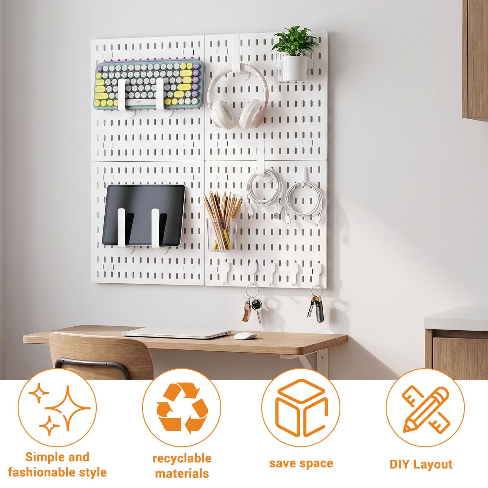 Stecktafel-Kombinationsset, mit 4 Stecktafeln (30x30cm) + 20 Zubehör, Modular zum Aufhängen für Wand-Organizer, für Wand-Organizer, Bastelorganisation, Ornament-Ausstellung, Kinderzimmer