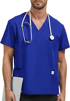 Men V Neck Scrub Top with 3 Pocekts (Bright Blue, S)