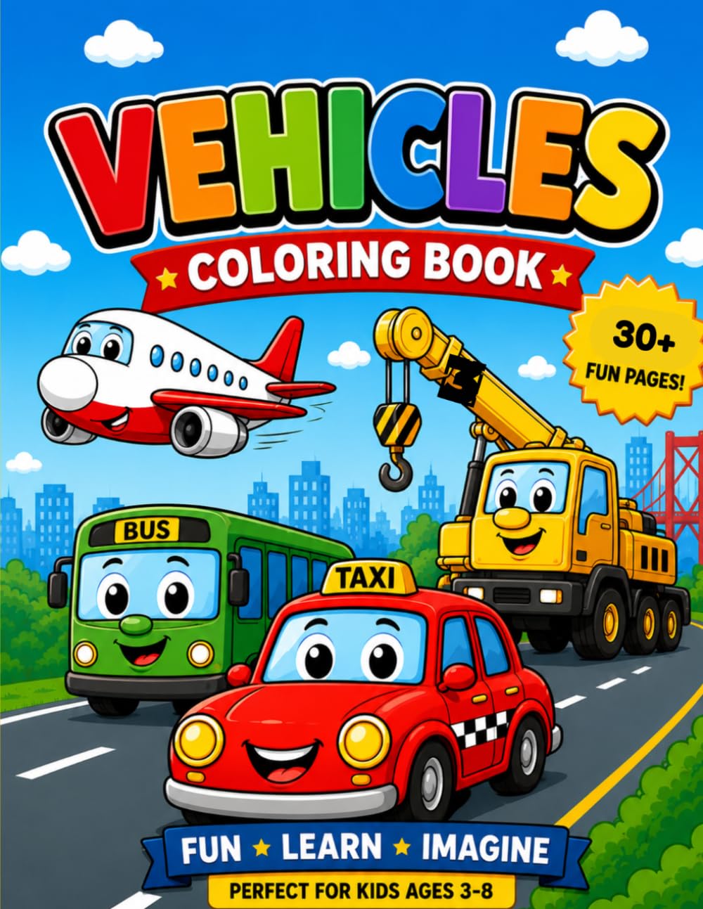 Fun & Easy Vehicles Coloring Book for Kids: Cars, Trucks, Tractors, Trains, Planes and Construction Vehicles | Large Print Simple Pages for Ages 3–8