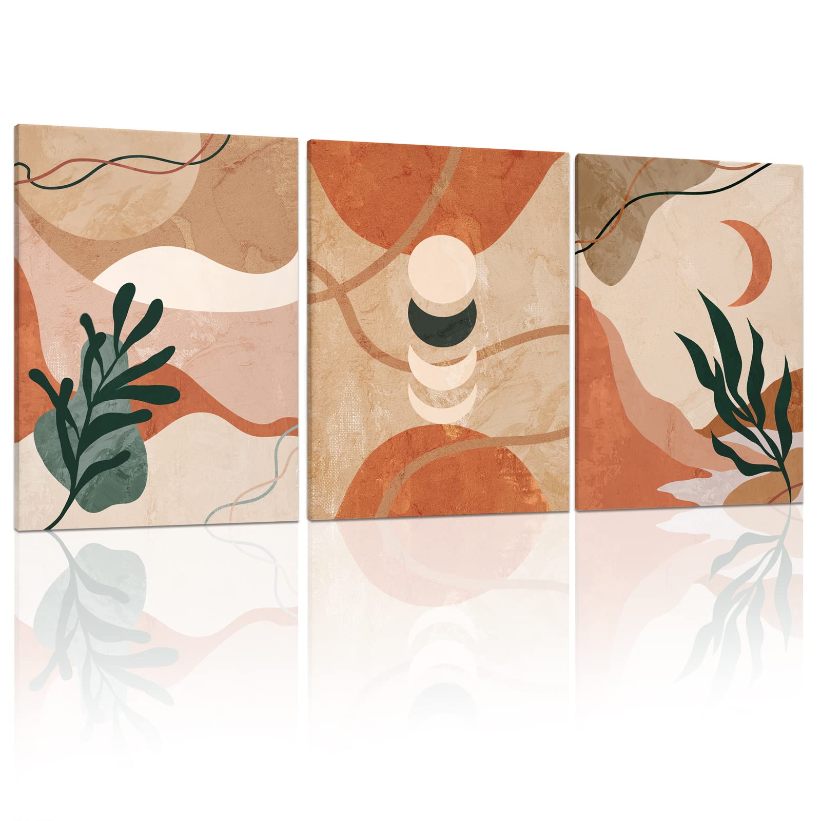 Framed Boho Wall Art Set of 3, Mid Century Modern Decor Canvas Prints Abstract Geometric Line Plant Sun Moon Bohemian Wall Decor for Bathroom, Living Room, Bedroom, Office (12"x16")