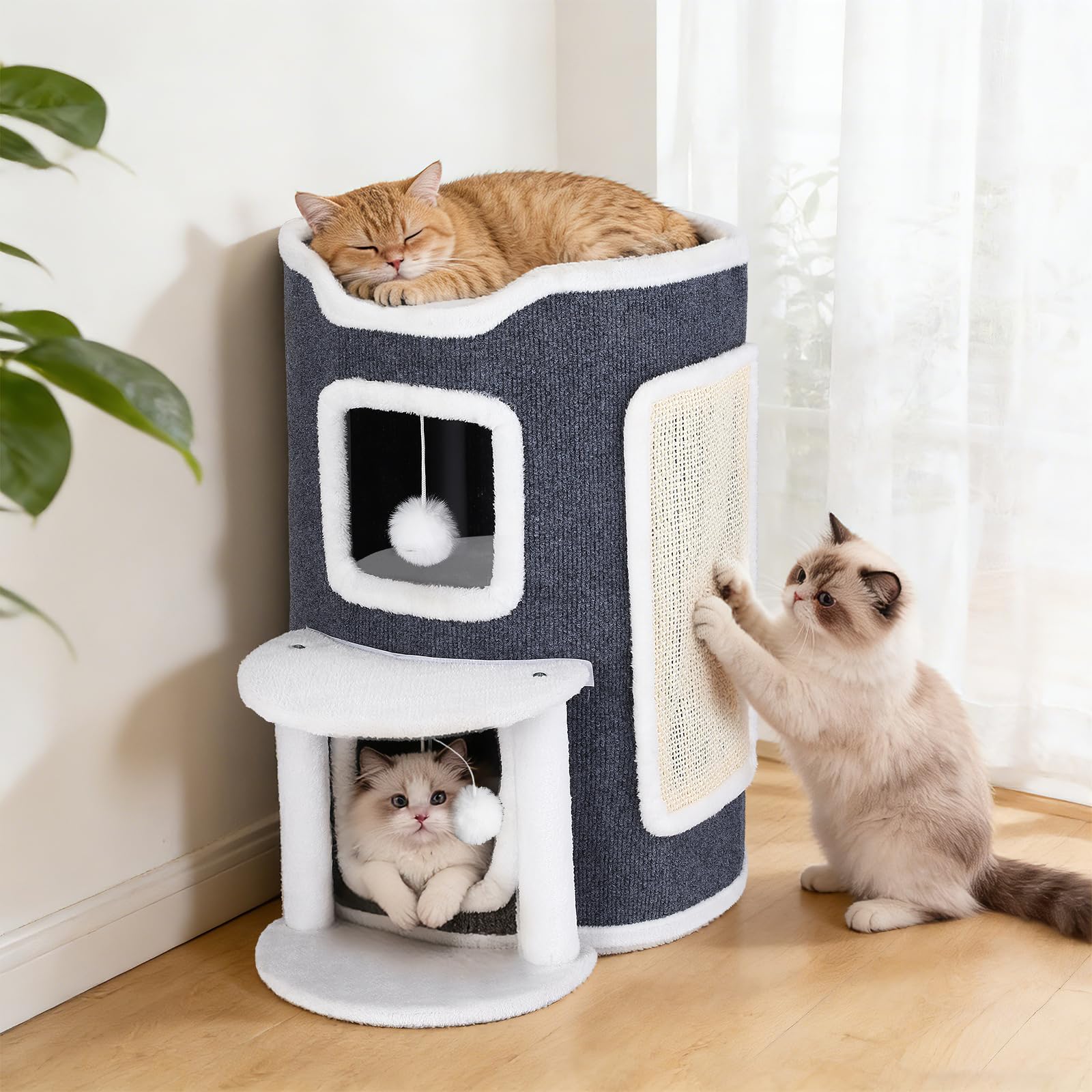 Cuccia per gatti a 3 piani, con tiragraffi e piattaforma per gatti da appartamento, con 2 grotte e piattaforma di visualizzazione, mobili per gatti con palla da gioco, 43 x 62 cm, grigio