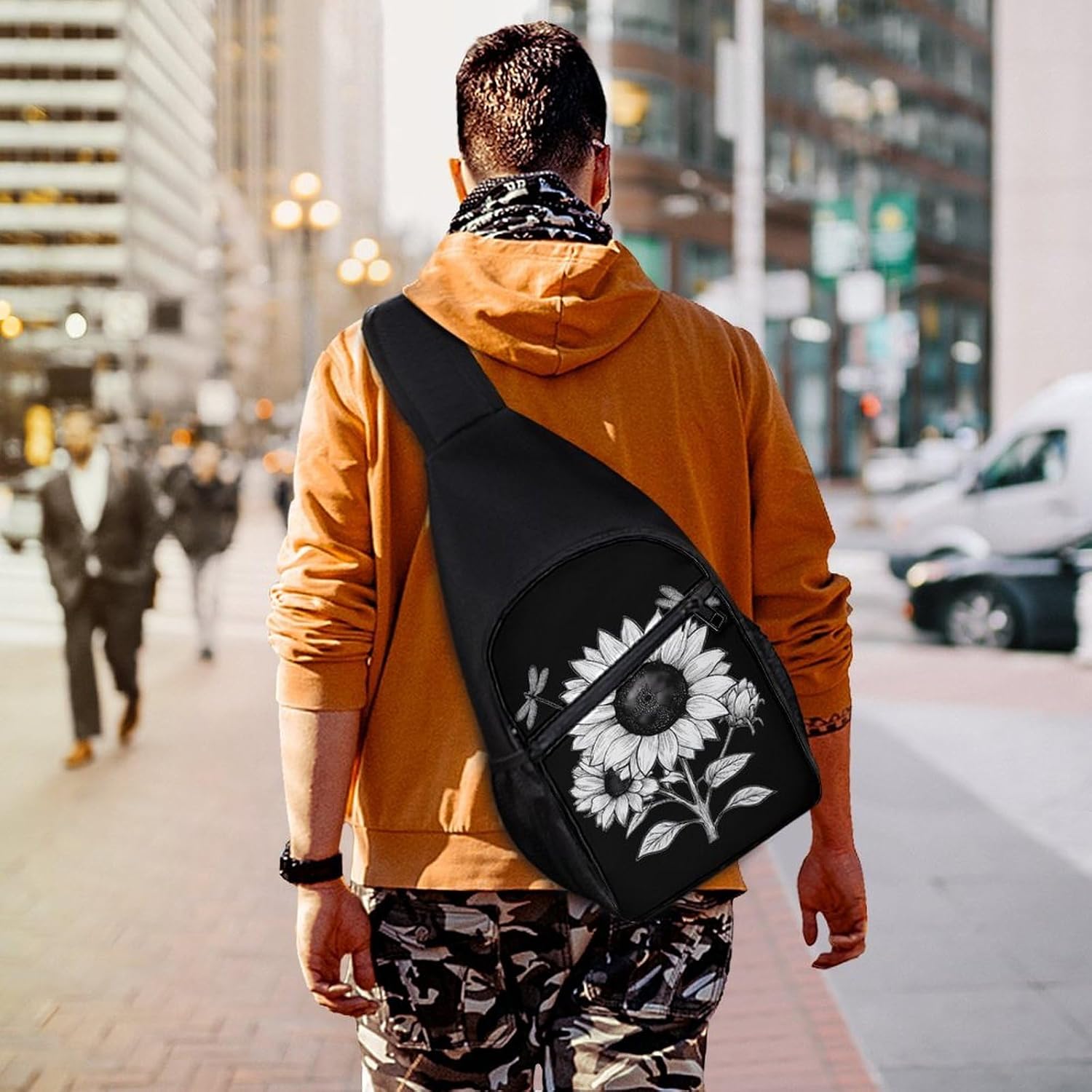 Sunflower with Dragonflies Crossbody Sling Backpack Chest Bag Daypack | unisex,trendy,with convertible and detachable shoulder strap,side pockets