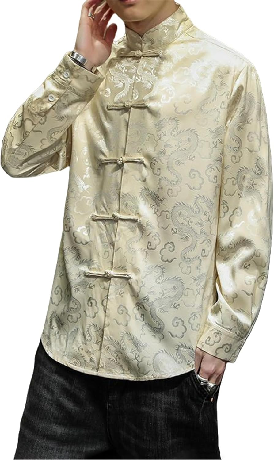 Men's Spring Summer Retro Chinese Style Tang Suit Satin Jacquard Concealed Pattern Frog Button Long Sleeve Shirt