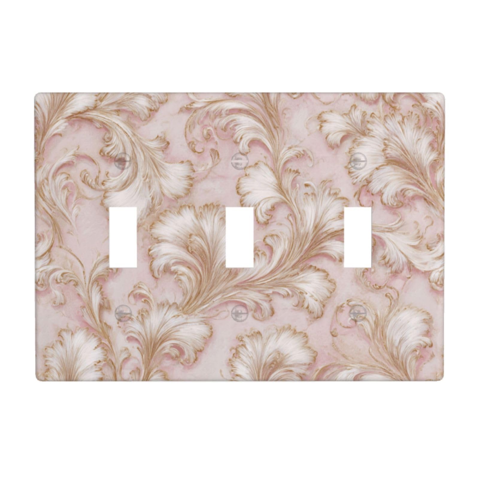 Woshuwo White Delicate Scrollwork And Shell Motifs Pink Light Switch Covers 3 Gang Triple Toggle Wall Plate Switchplate Electrical Faceplate For Bathroom Kitchen Bedroom Decor