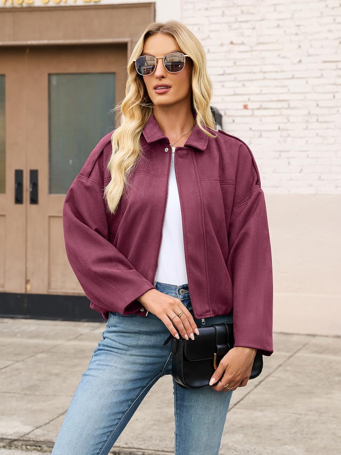 Womens Bomber Jacket Faux Suede Casual Cropped Pilot Coat Lapel Collar Causal Oversized Trendy Outwear - Image 5