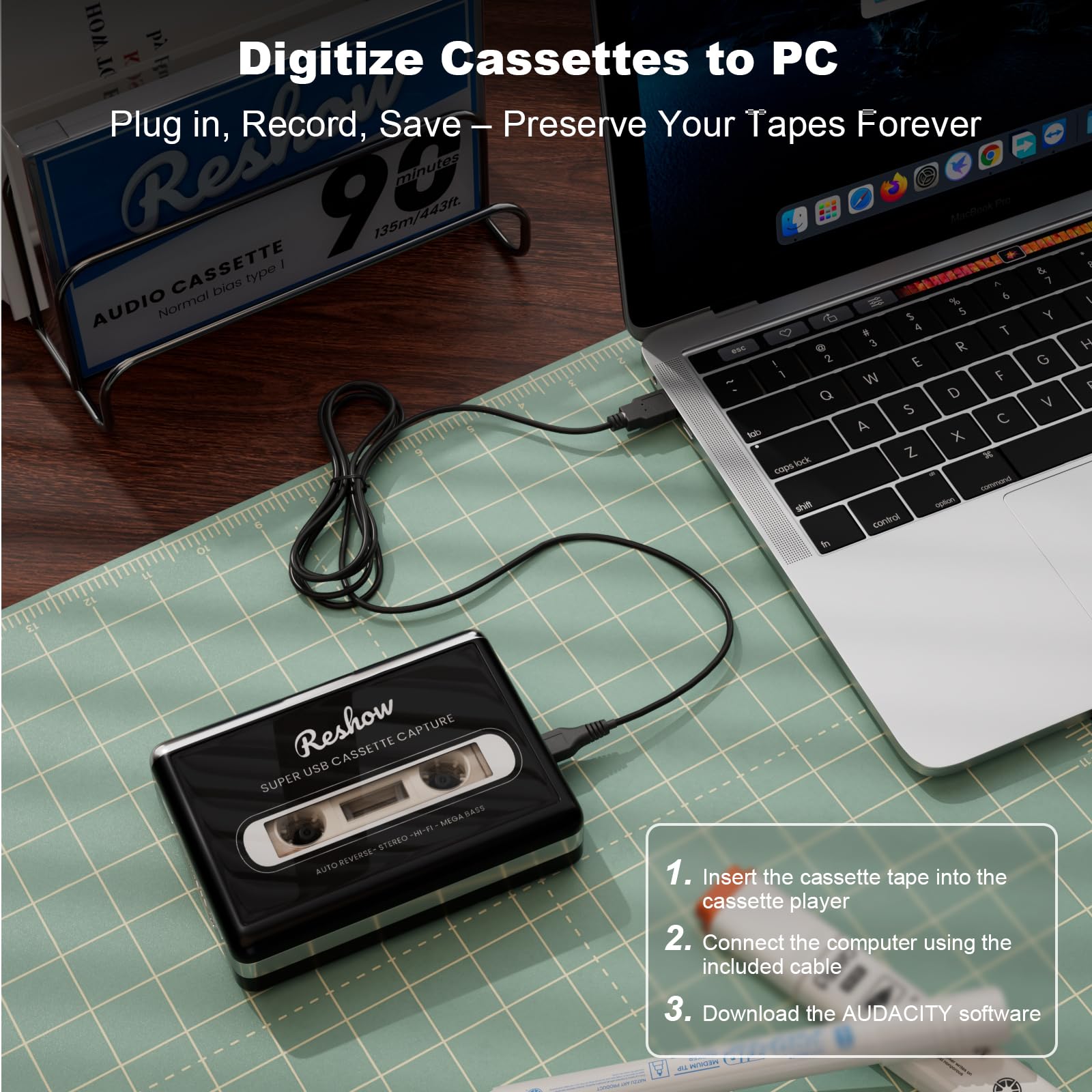 Reshow Lecteur de cassettes - Lecteur de cassettes portable - Convertisseur de cassettes audio analogiques vers numériques, compatible avec ordinateurs portables et ordinateurs personnels - Convertit