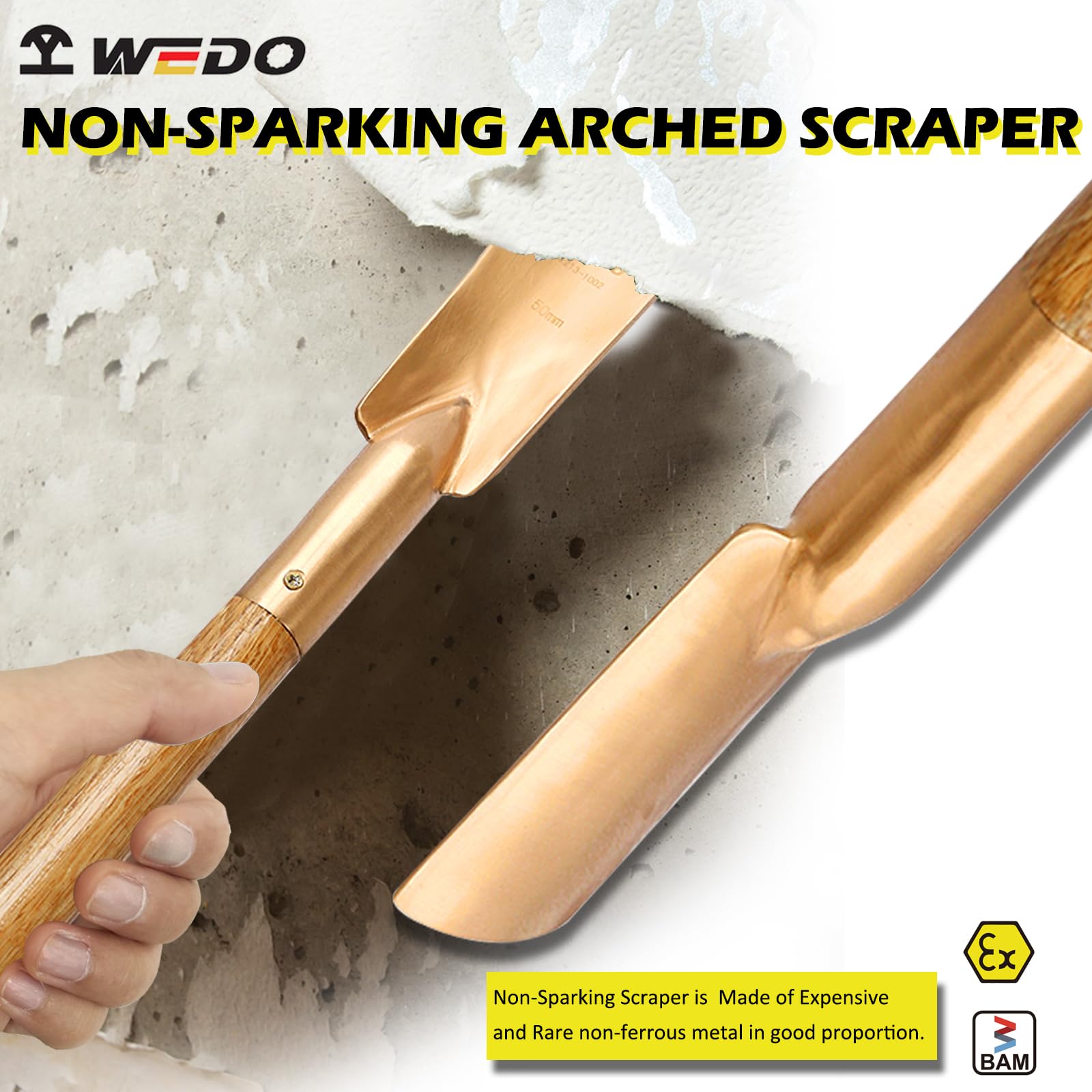 WEDO Narzędzie do skrobania nieiskrzącego, skrobak podłogowy ostrze w kształcie łuku 50 x 120 mm, długość 690 mm, miedź berylowa, niemagnetyczny skrobak do farb, certyfikat BAM/FM, szeroko stosowany w