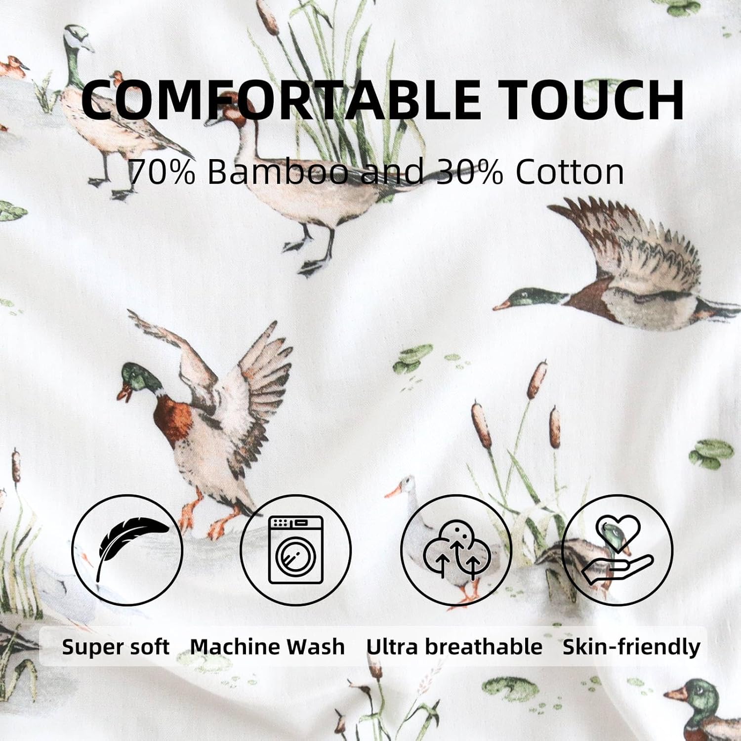 LifeTree Muslin Crib Sheets 28 in x 52in and Changing Pad Cover 16 in x 32 in, Soft 70% Viscose from Bamboo and 30% Cotton, Mallard Duck & Olive Green