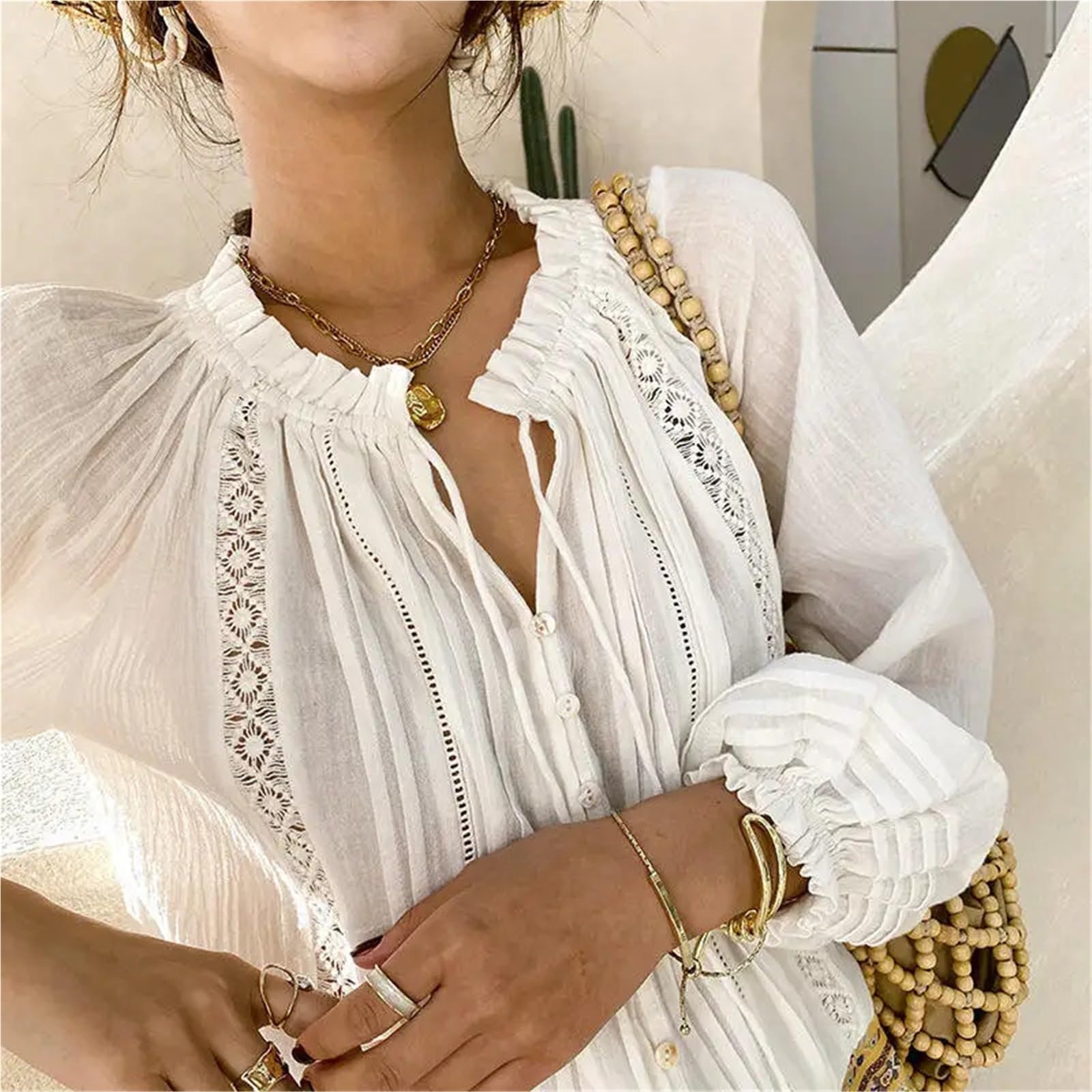 Copricostume Donna Camicia Bianca Casual Ampia da Donna | Con scollo a V e maniche a sbuffo(M)