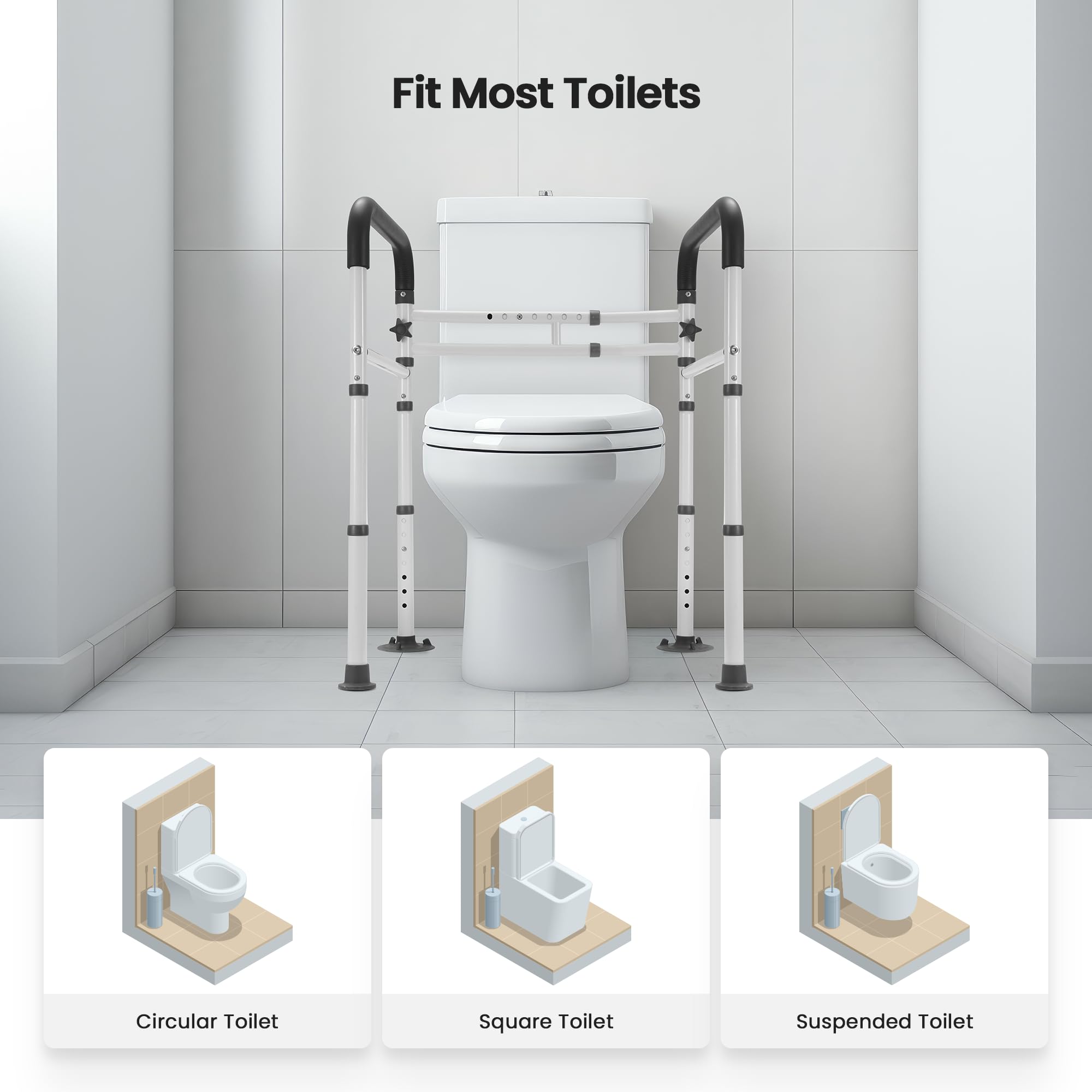 Careboda Maniglie per WC di sicurezza, maniglie per WC per anziani e disabili, regolabile, telaio WC antiscivolo indipendente, maniglie pieghevoli rimovibili, si adatta al meis