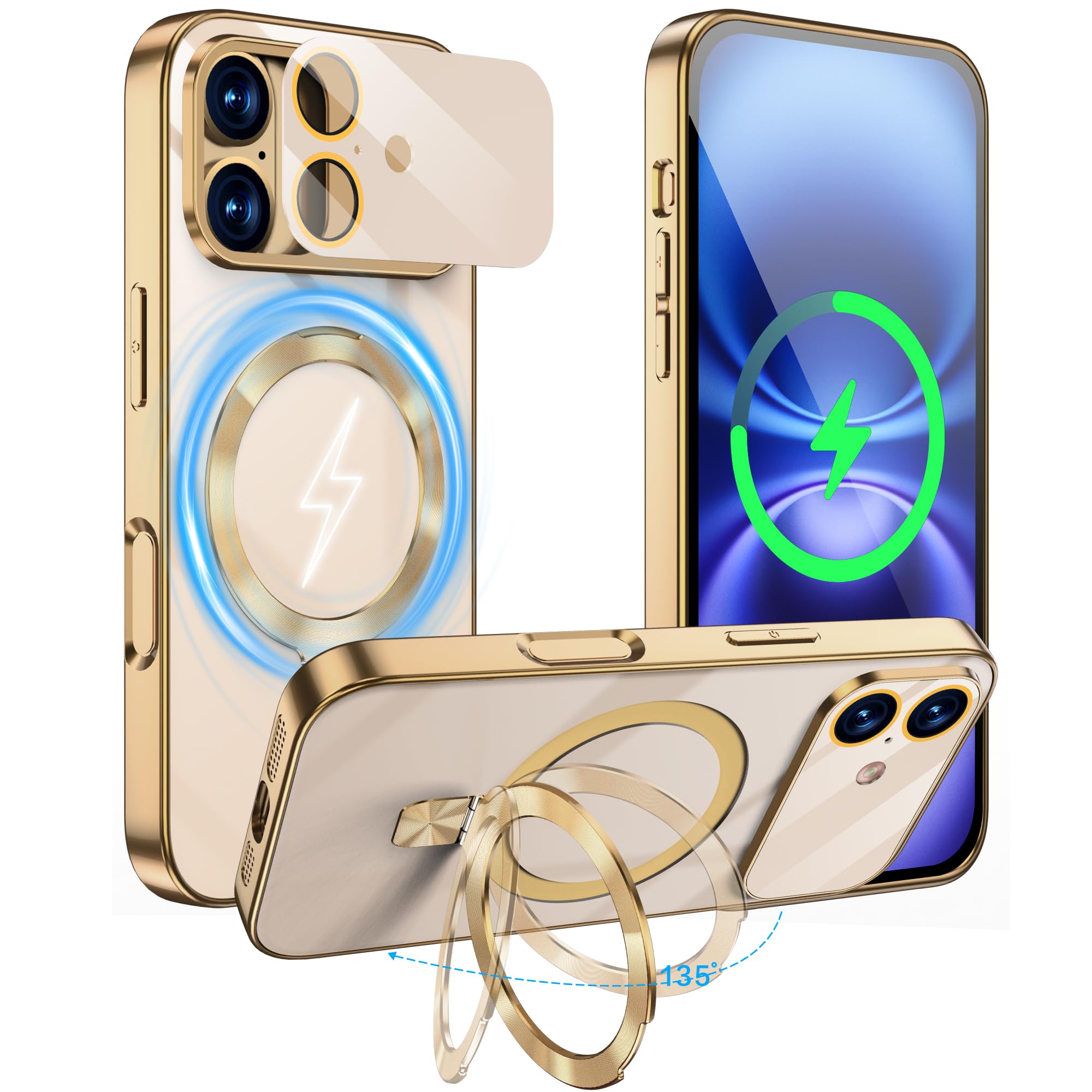 iPhone 16 ケース Magsafe対応 多機能一体 マグネット ワイヤレス充電 折り畳みスタンド カメラ全面保護 いphone 16 カバ 360°保護 米軍MIL規格 耐衝撃 CDリング おしゃれ 縦横両対応 ストラップ穴付き 防指紋 急速充電対応 軽量 黄変防止 (ゴールド, iPhone 16)