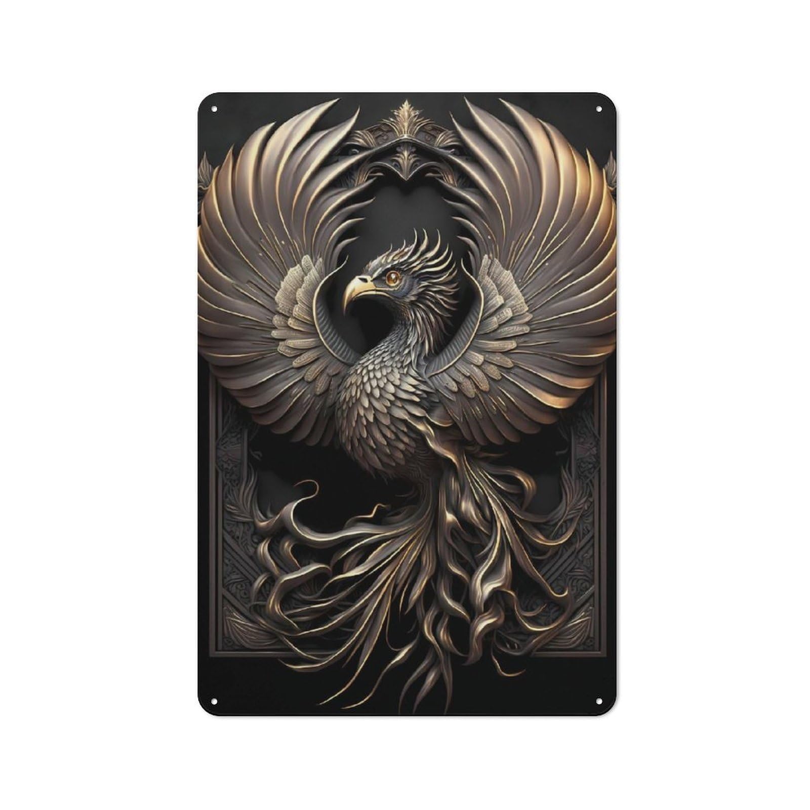 Junmoney Style-24 Tin Wall Plaque 30X20cm With Immortal Phoenix God For Home Office Or Studio, For Garage, Workshop And Man Cave Decoration
