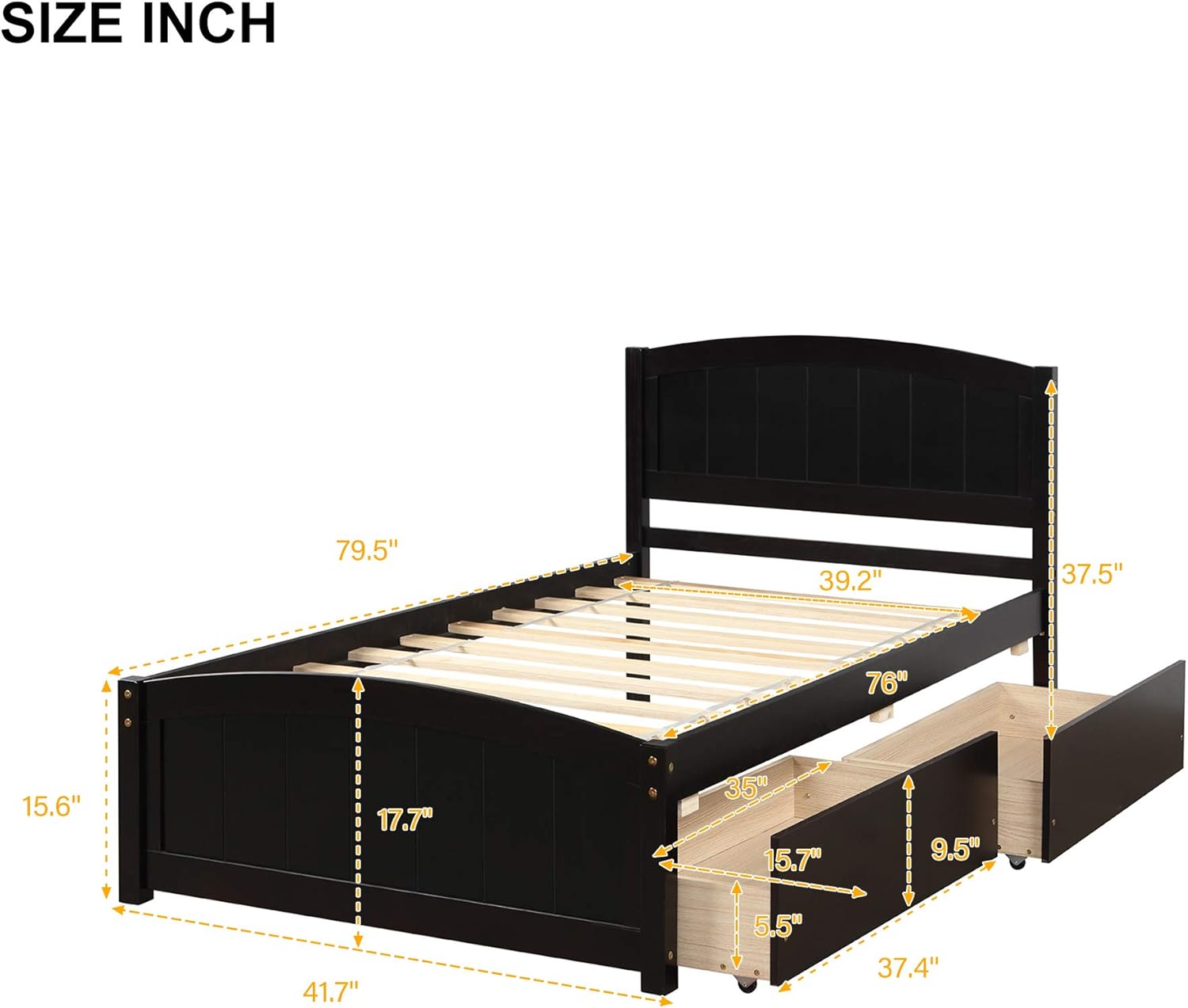 Rhomtree Twin Storage Bed Frame Wood Platform Bed with Two Drawers and Headboard Platform Bed Easy Assembly (Espresso)