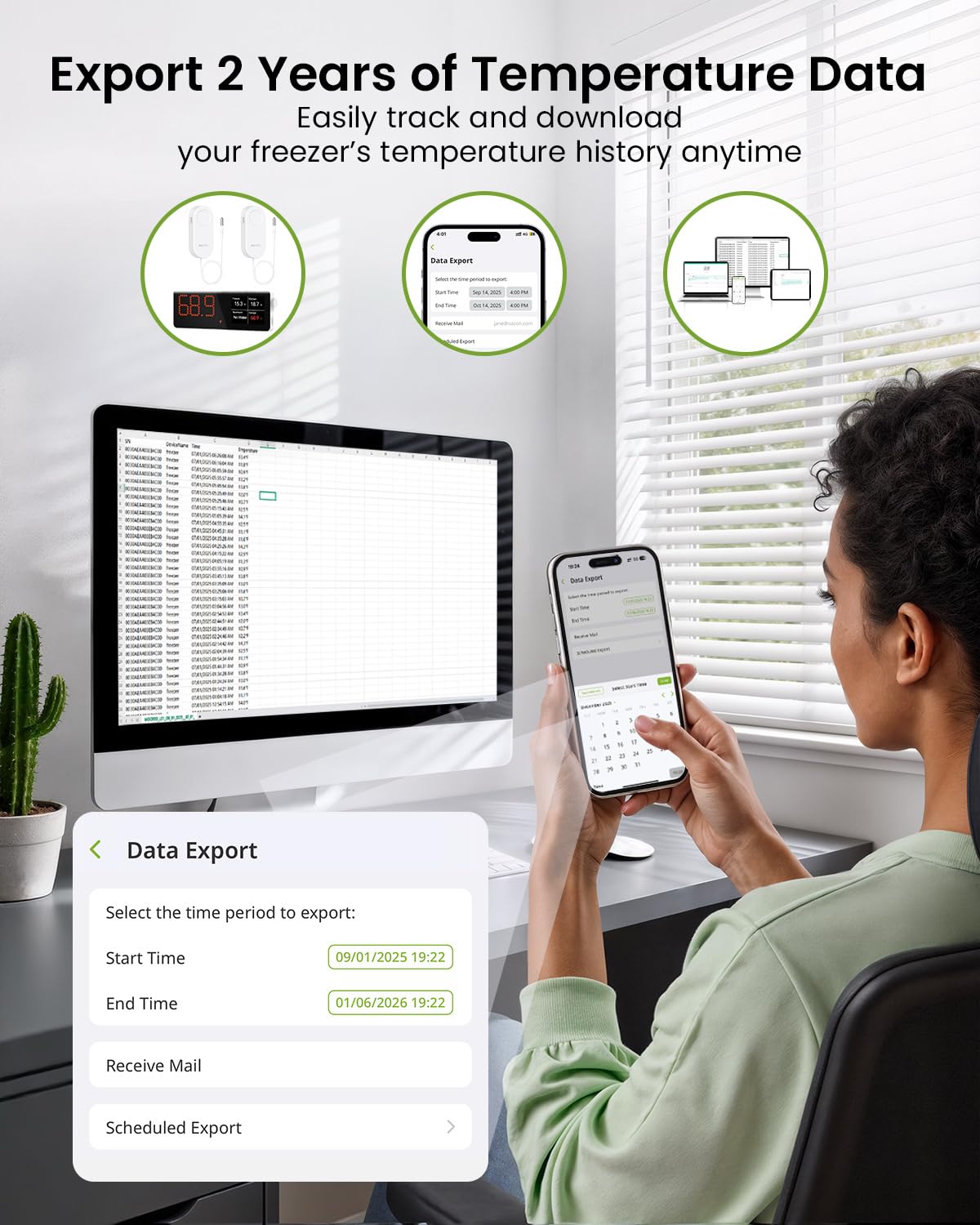 MOCREO WiFi Gefrierschrank-Thermometer-Alarm mit digitalem Monitor-Hub, App- und E-Mail-Benachrichtigungen, 2-Jahres-Datenexport, Fernbedienungstemperatursensor für Kühlschrank, Kühlschrank
