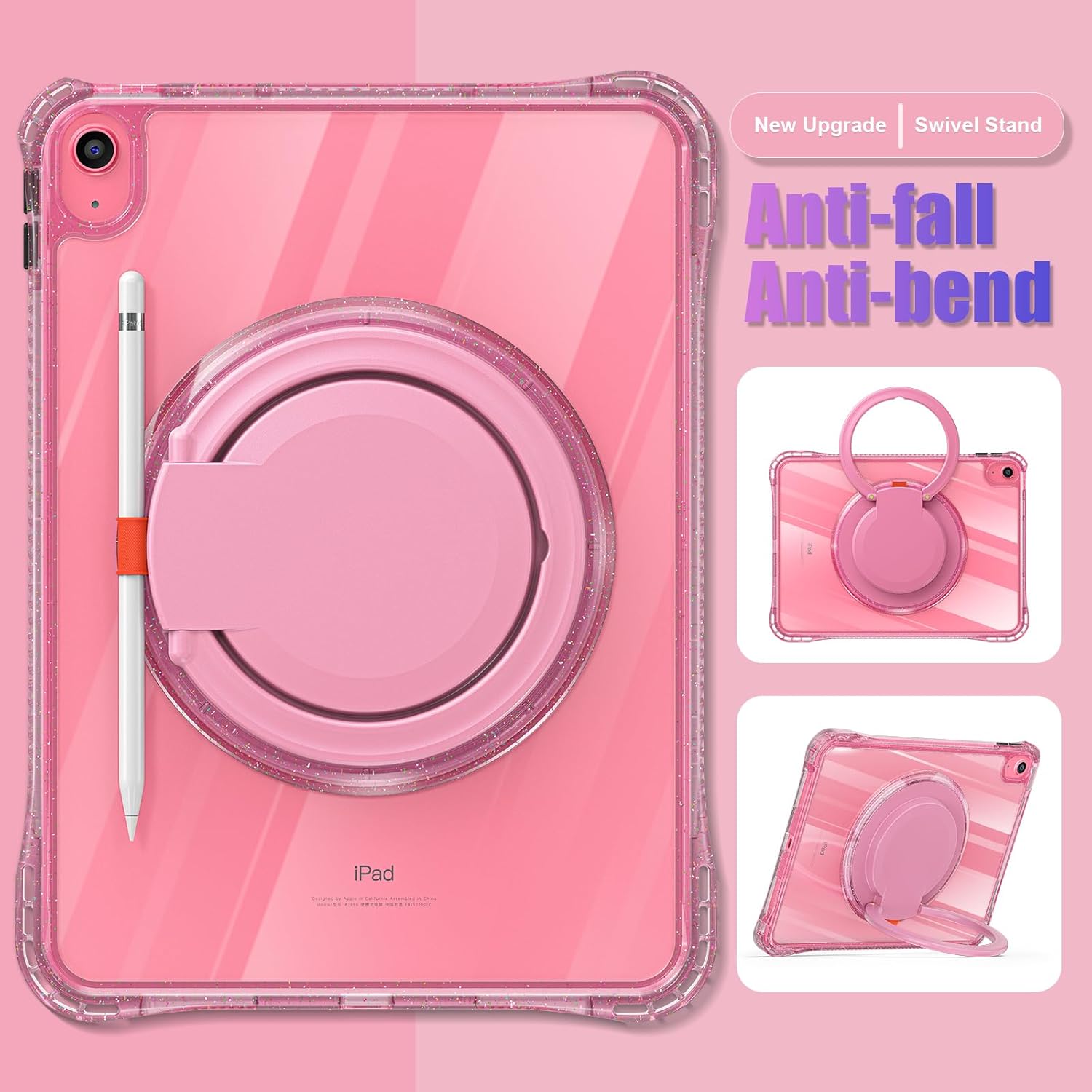 MEEgoodo Case for iPad A16 11th Generation 11 inch 2025, Cover for iPad 10th Generation 2022, Glitter Tablet Cases with Soft TPU & Transparent PC & Rotating Stand for Kids, Pink