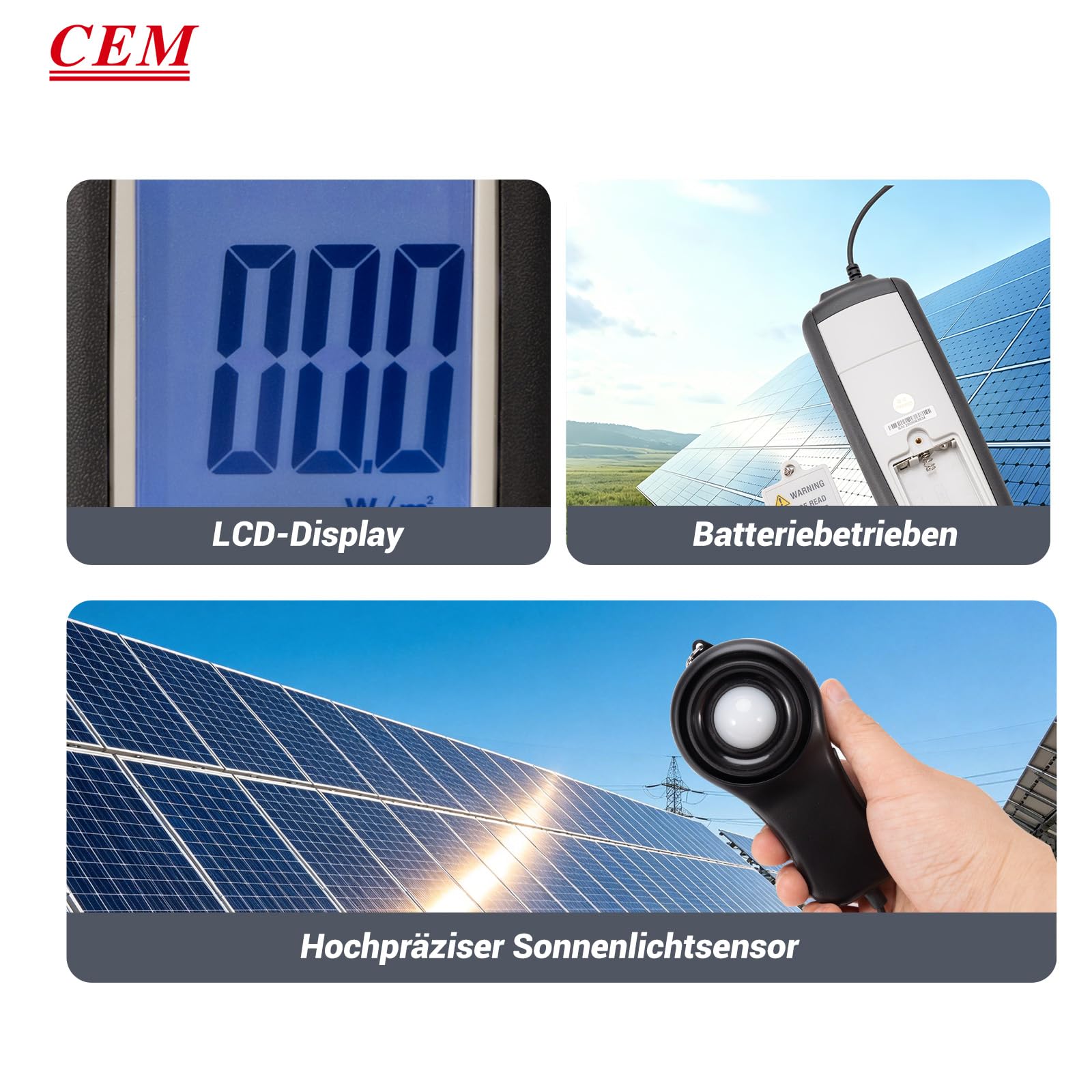 CEM DT-1307 - Misuratore di energia solare digitale, misuratore di potenza solare portatile con campo di misurazione 2000 W/m² e 634 BTU/(ft²·h), max/min, data hold, tester solare per misurazione | Misuratore di potenza solare fino a 1999 W/m² o 634 BTU/(