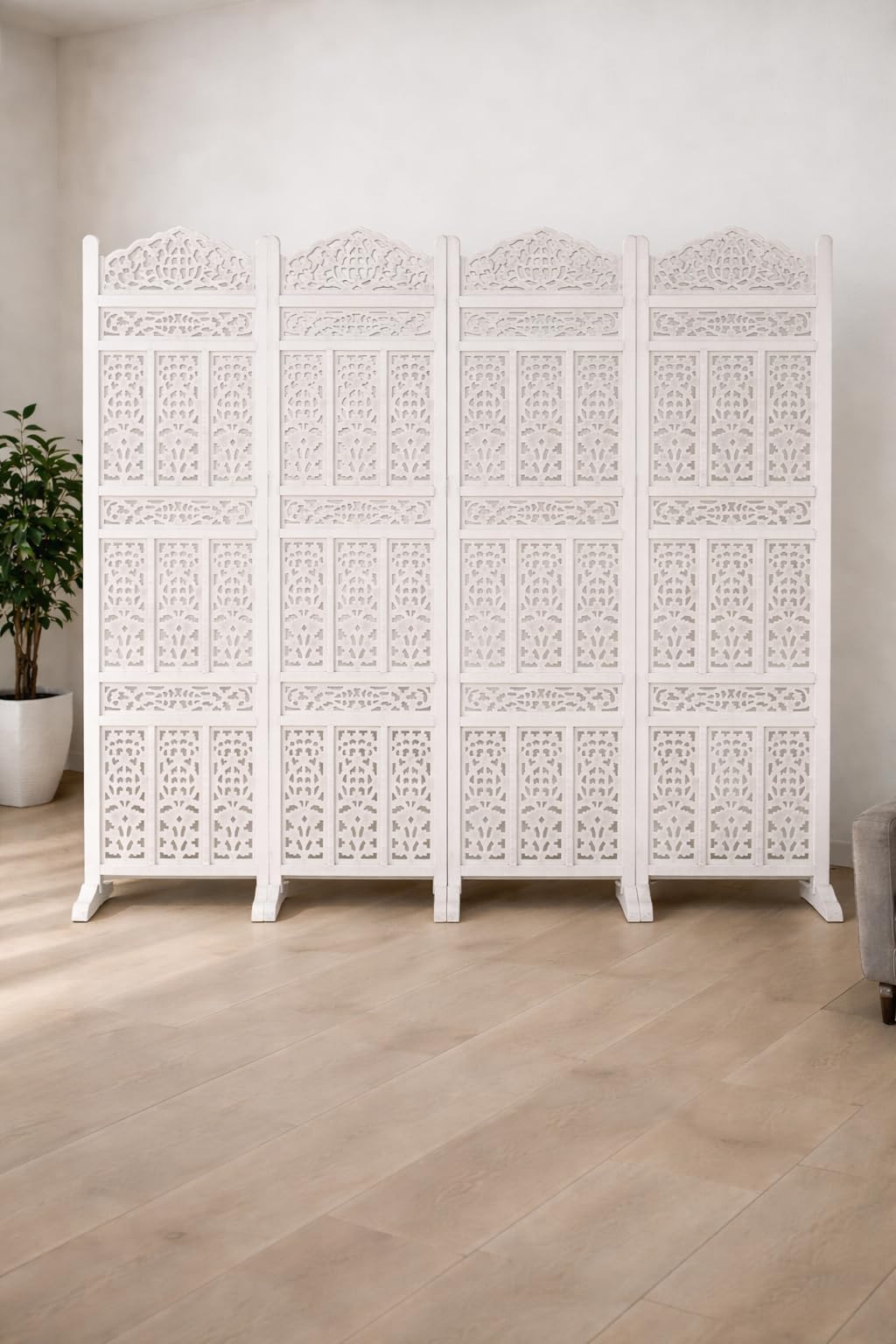 Home & Goods International Wooden Room Divider Partition - Foldable Wood Screen Separator for Living Room, Bedroom, Office, Restaurant - Kangra Badrun, White (4 Panel with Stand)