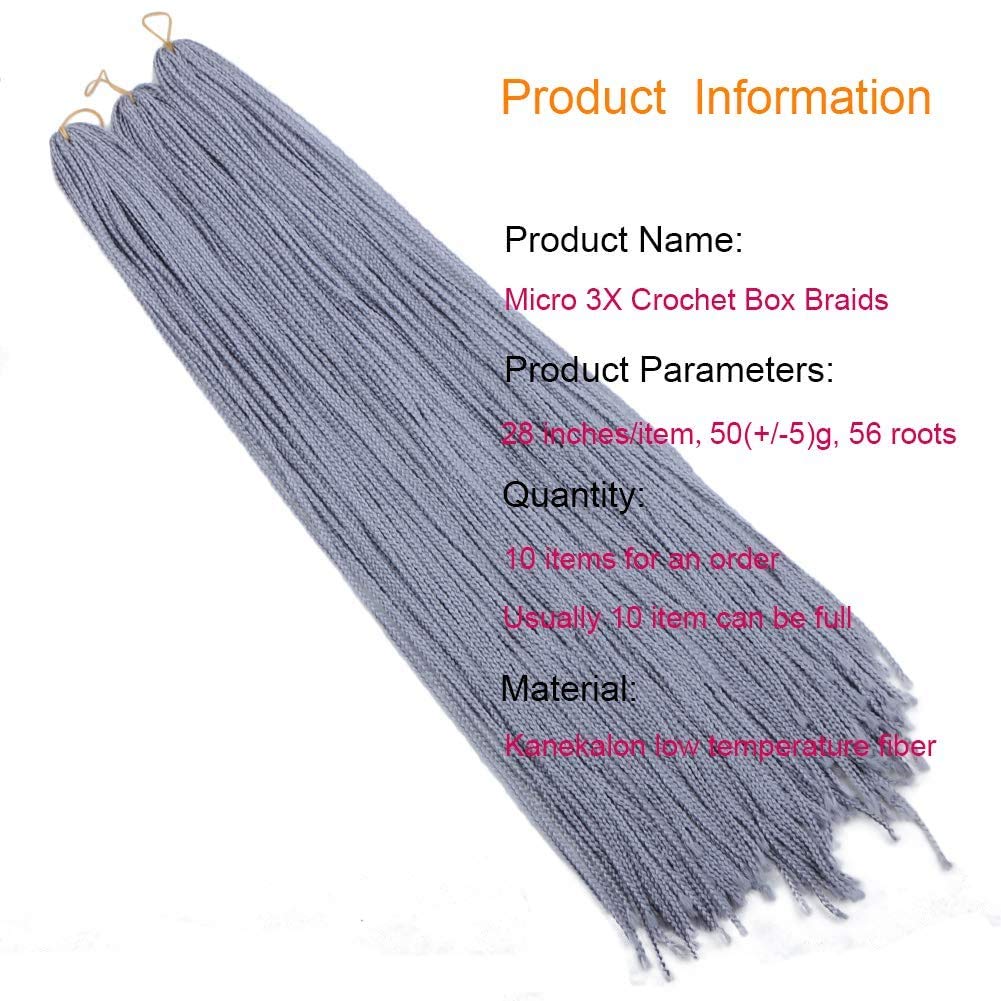 Long Micro 3X Pre-Looped Synthetic Zizi Braids 10 Packs/Lot 28 Inch 50g/Pack Color Thin Small Box Braid Crochet Hair Twist Fiber Hair Micro Zizi box Braiding Hair Extension(Grey)