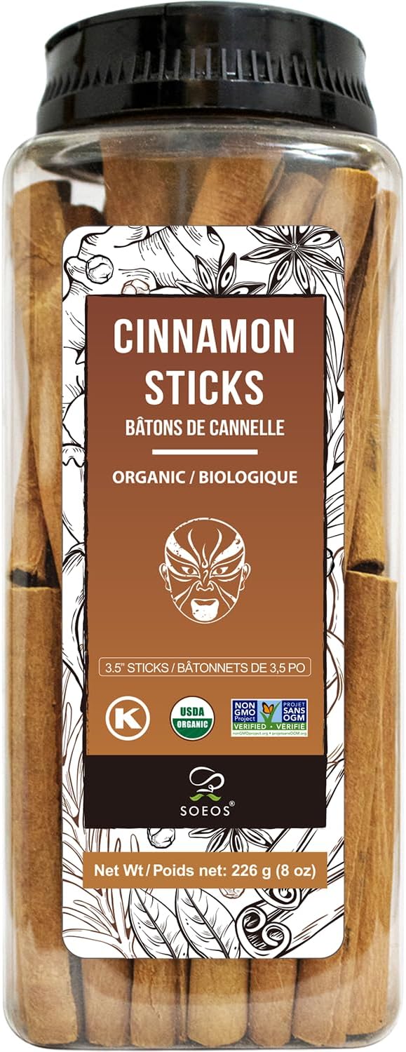 Soeos Organic Cinnamon Sticks, 8 oz (226g), 3.5" Length, 100% Raw, Non-GMO, Kosher Certified, Whole Cinnamon Sticks Seasoning Spice for Coffee, Baking, Cooking and Beverages