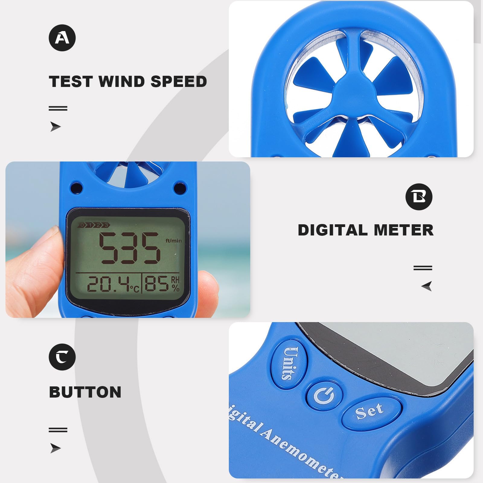 COHEALI Medidor de Velocidad del Viento Medidor de Aire Digital Portátil Mini de Plástico Azul con Pantalla Lcd Retroiluminada, Medición de Humedad, Bolsa de Almacenamiento, para
