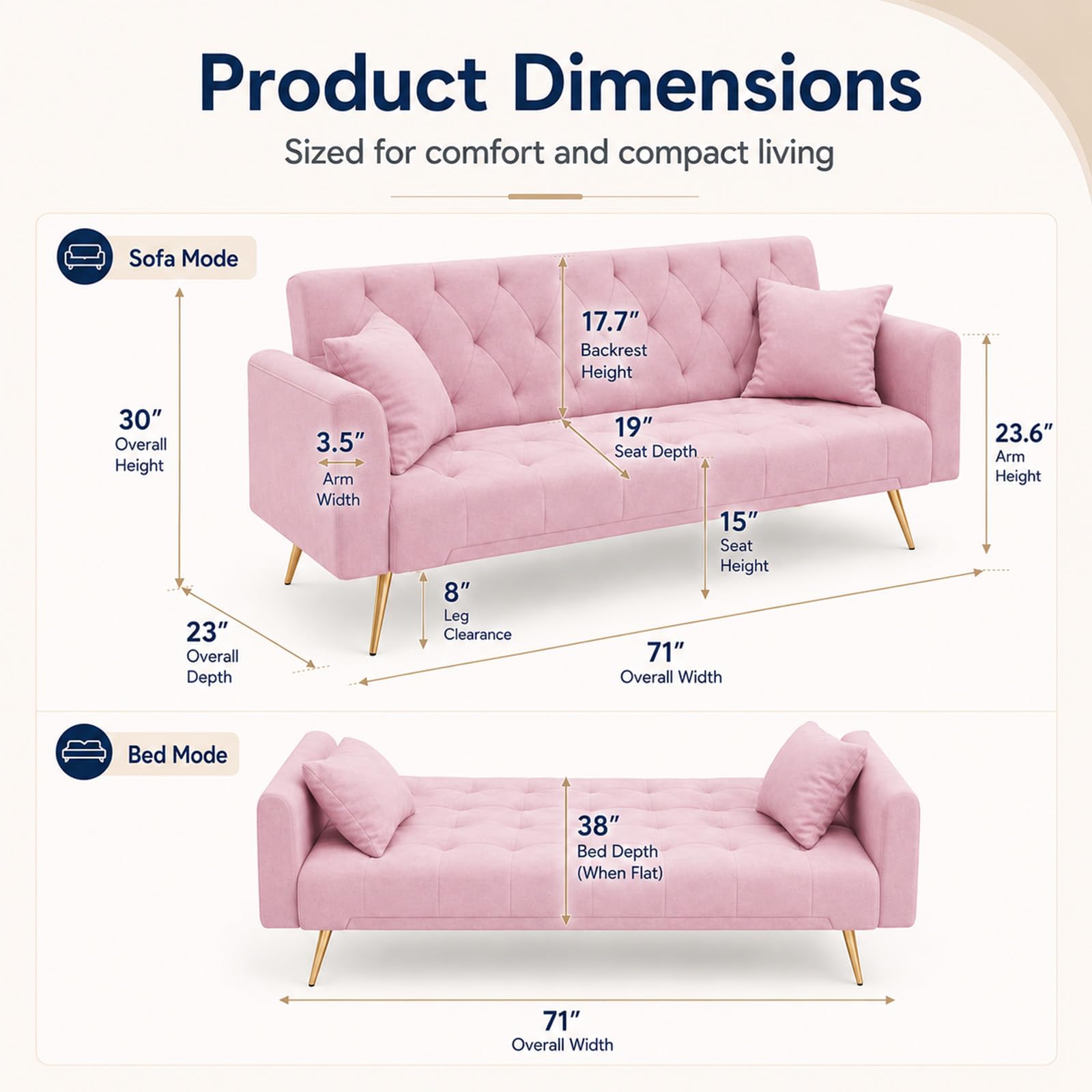 Majnesvon 71" Pink Futon Sofa Bed Couch: Velvet Fabric Memory Foam 2 Pillows Gold Metal Feet Adjustable Tufted Backrest, Convertible Folding Sleeper Loveseat for Living Room Bedroom Apartment (Pink)