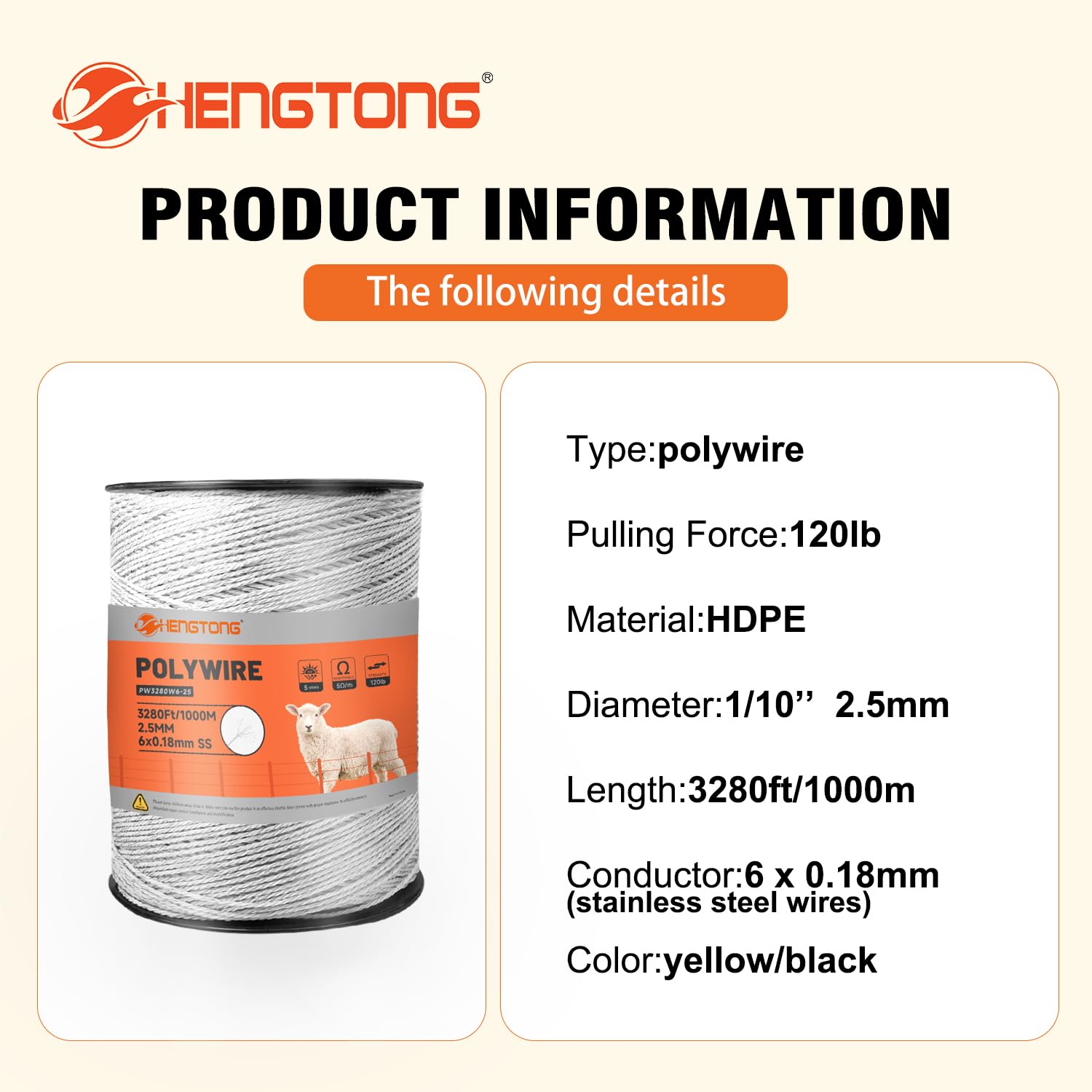 Electric Fence Polywire 3280ft (1000m), 6-Strand Stainless Steel Conductors, Rust & UV Resistant, Portable Electric Fencing, Durable & Reliable Conductivity, White
