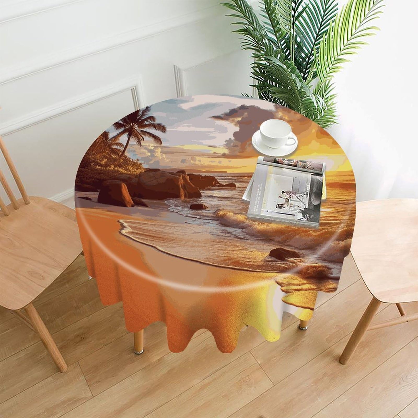 FekiLoot Tropical Beach at Sunset Round Tablecloth Cover 60 Inch Wrinkle Free Washable Polyester Fabric Table Cover Decorative Round Table Cloth for Home Dining Kitchen Party Farmhouse