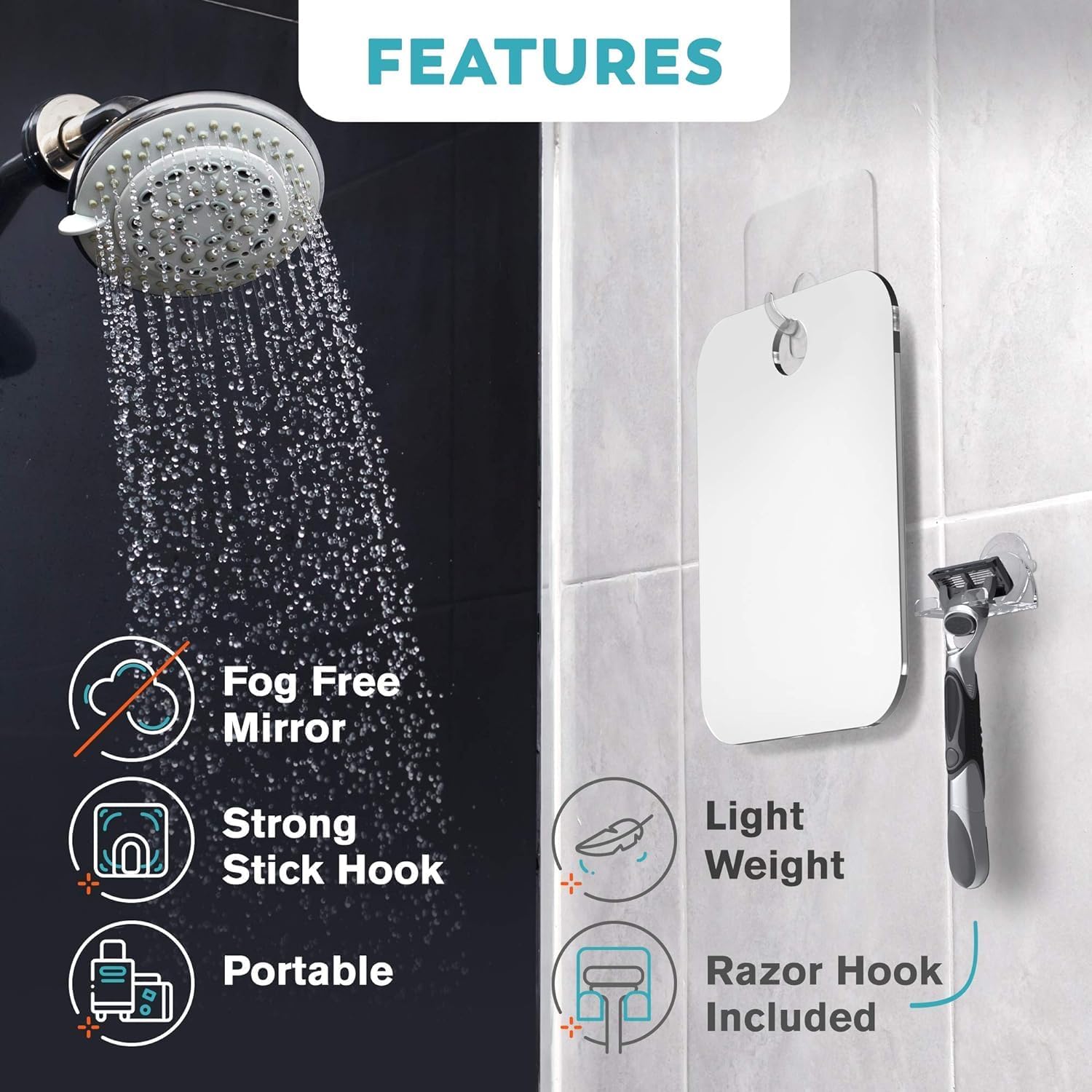 HONEYBULL Fogless Shower Mirror for Shaving, No Drill Mount, Compact 8x10in image 3
